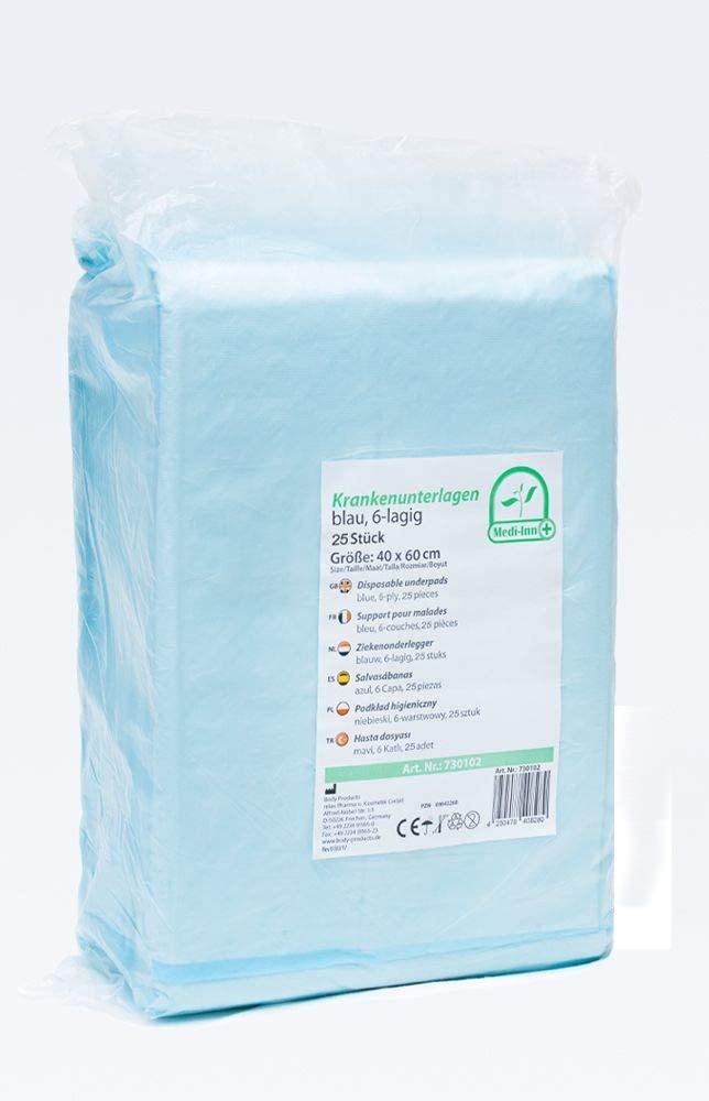 Ein Bild von einem 25er-Paket medizinischer Einmalunterlagen in der Größe 40 x 60 cm. Die Unterlagen sind 6-lagig und bieten eine hohe Saugfähigkeit sowie einen Schutz vor Feuchtigkeit. Die Verpackung ist klar und zeigt die Produktdetails mit einer ansprechenden Gestaltung. Im Hintergrund sind sanfte Farbnuancen zu erkennen, die das medizinische Umfeld unterstreichen. Diese Einmalunterlagen sind ideal für Kliniken, Pflegeeinrichtungen und den privaten Gebrauch.