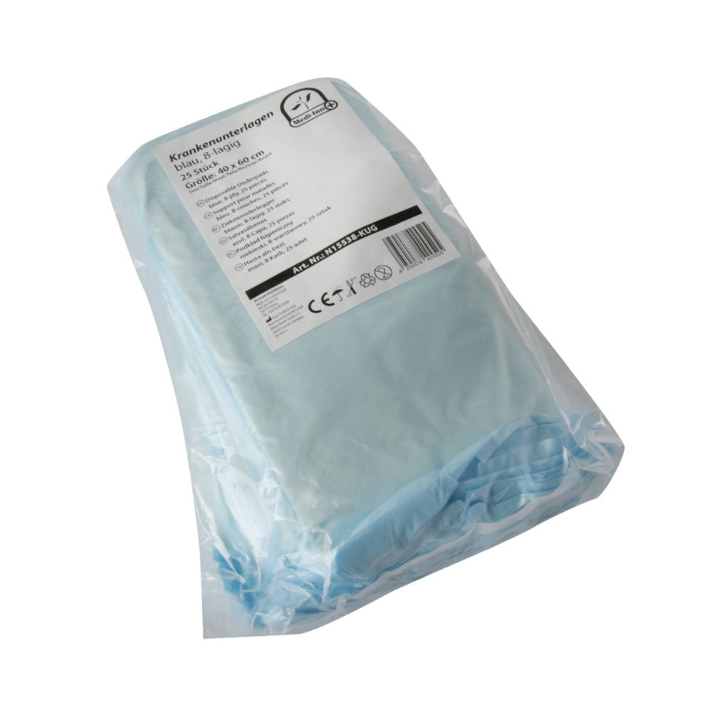 Ein 25er-Pack von medi-inn Krankenunterlagen in einer Größe von 40 x 60 cm. Die Unterlagen sind 8-lagig und in einer transparenten Verpackung angeordnet. Die Oberfläche der Unterlagen ist blau, während die Unterseite weiß ist. Die Packung zeigt klar die Anzahl und Dimensionen der Unterlagen sowie das Logo von medi-inn. Diese Einmalunterlagen sind für die hygienische Nutzung in medizinischen Einrichtungen und für den Heimgebrauch konzipiert, um den Komfort und die Sauberkeit zu gewährleisten.