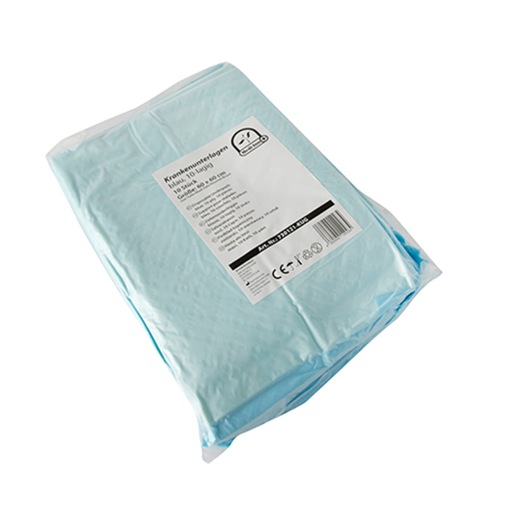 Bild einer Verpackung mit einmaligen Krankenunterlagen. Die Unterlagen sind in einem 10er-Pack enthalten und messen 60 x 60 cm. Die Verpackung ist transparent und zeigt die einzelnen, faltbaren Lagen der Unterlagen, die 10-lagig sind. Auf der Verpackung sind informative Texte in mehreren Sprachen abgedruckt, die die Verwendung und die Eigenschaften der Unterlagen beschreiben. Das Design ist einfach und funktional, ideal für den medizinischen Einsatz und den Einsatz in der Pflege.