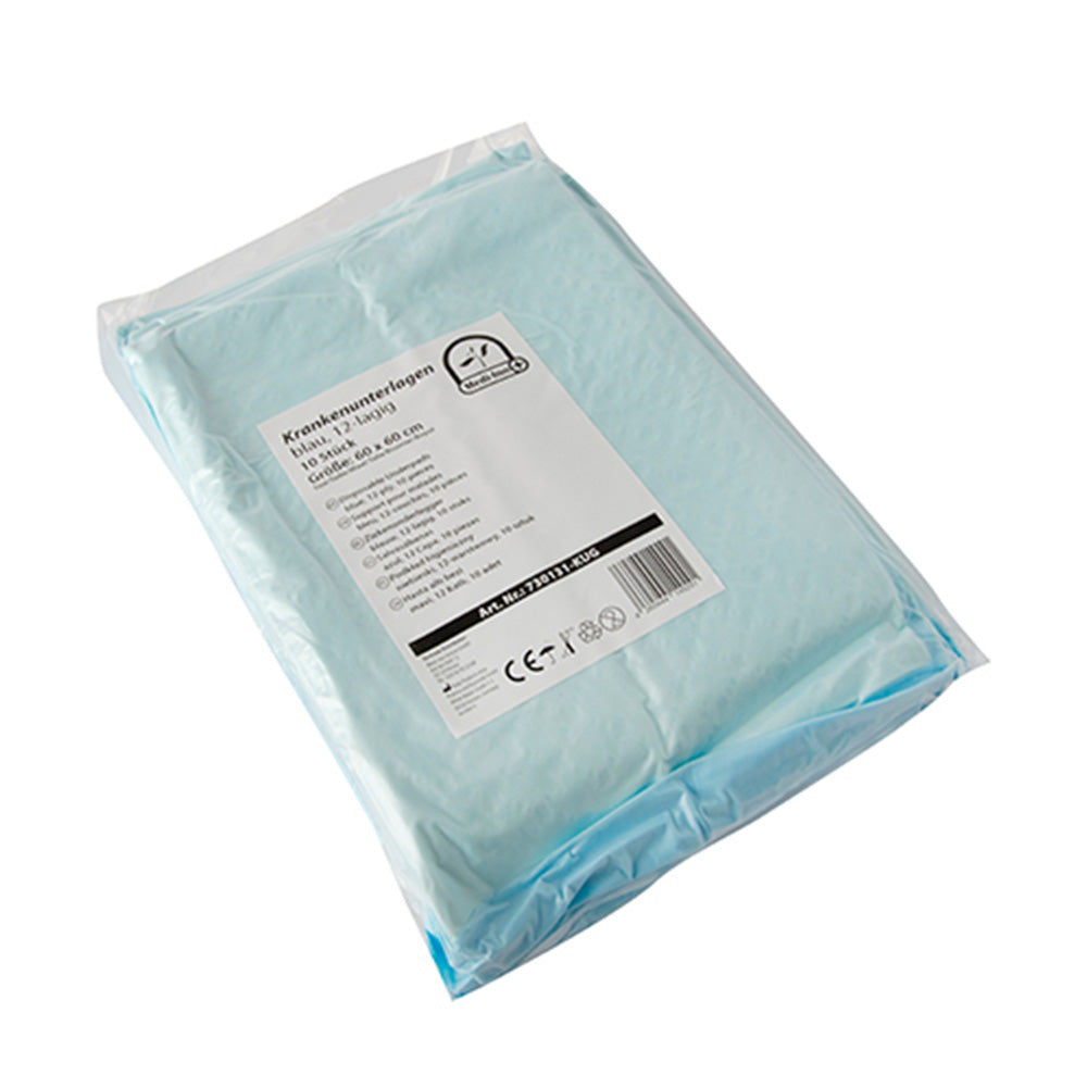Ein Packung mit 10 einzelverpackten, medizinischen Einmalunterlagen in der Größe 60 x 60 cm. Die Unterlagen sind 12-lagig und bieten eine hohe Saugfähigkeit sowie Schutz vor Nässe und Verunreinigungen. Die Verpackung zeigt ein modernes Design, mit klarer Beschriftung der Produktbezeichnung und der Anzahl der enthaltenen Unterlagen. Die Unterlagen selbst sind in einem hellen, hygienischen Weiß gehalten, das auf die Verwendung in der medizinischen Pflege hinweist.