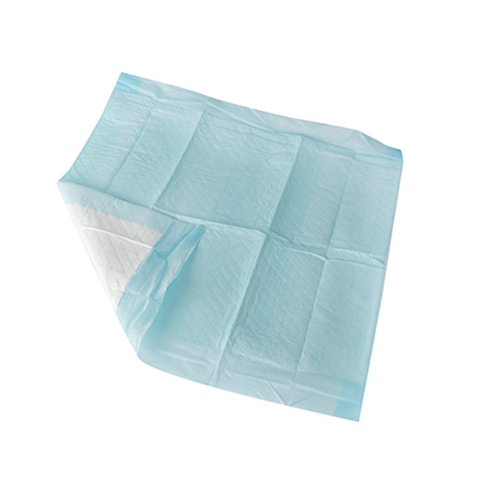 Produktbild zeigt ein 25er-Pack von 60 x 60 cm großen, 4-lagigen Einmalunterlagen. Die Unterlagen sind in einem sauberen, hellen Weißton gehalten und sind in der Verpackung angeordnet, die transparente Folie lässt die Unterlagen gut erkennen. Im Hintergrund ist eine neutrale, leicht verschwommene Oberfläche zu sehen, die den Fokus auf die Unterlagen lenkt.