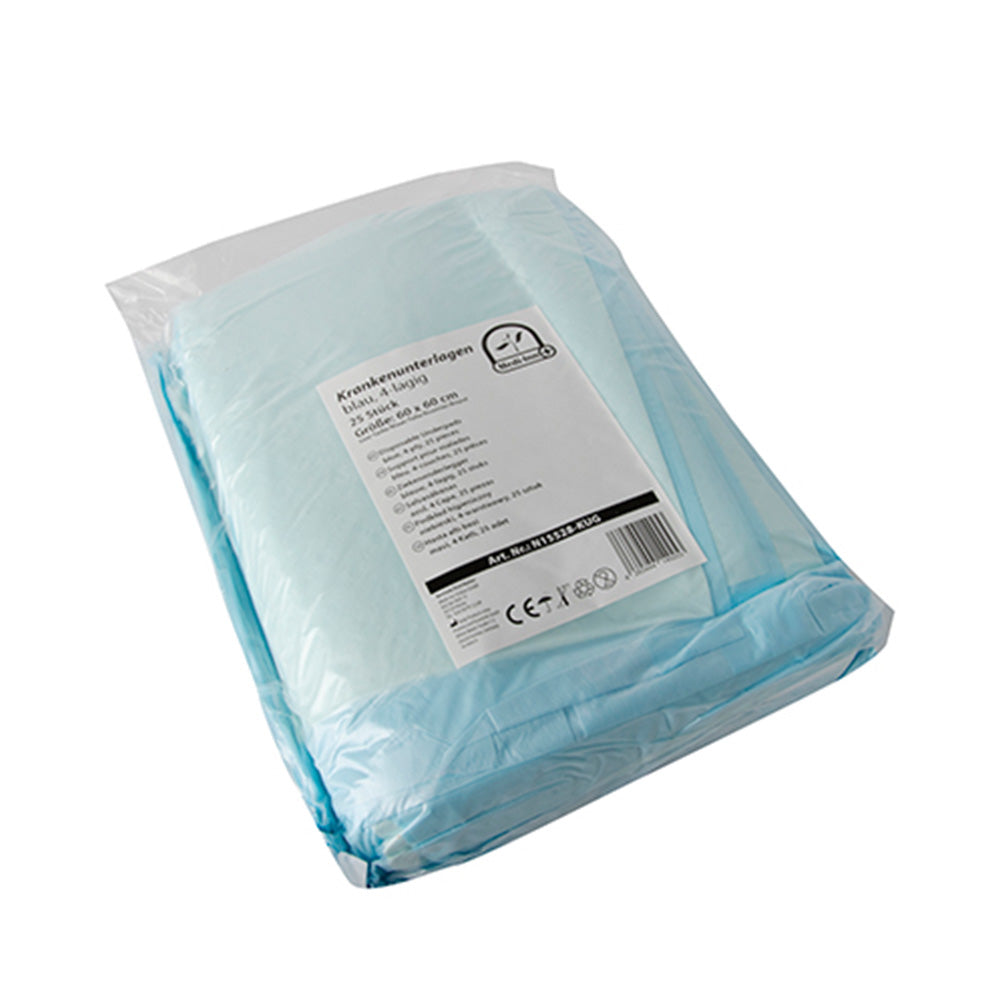 Produktbild von medi-inn Krankenunterlagen in einem 25er-Pack. Die Einmalunterlagen sind quadratisch geschnitten mit den Abmessungen 60 x 60 cm. Sie bestehen aus vier Lagen, die für hohe Saugfähigkeit und zusätzlichen Komfort sorgen. Die Oberseite ist weich und sanft zur Haut, während die untere Schicht aus wasserfestem Material besteht, um den Untergrund zu schützen. Die Verpackung ist transparent, sodass Inhalt und Anzahl deutlich erkennbar sind.