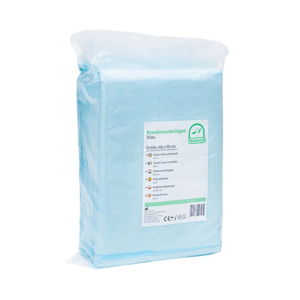 Weißes Produktbild von medi inn Krankenunterlagen, die 12-lagig sind und eine Größe von 60 x 90 cm haben. Die Unterlagen sind in einer leicht transparenten Verpackung zu sehen, die einige der Unterlagen leicht sichtbar macht. Die Textur der Unterlagen wirkt weich und saugfähig, ideal für den einmaligen Gebrauch. Im Hintergrund ist eine neutrale, helle Farbe zu erkennen, die den Fokus auf die Produktverpackung lenkt.