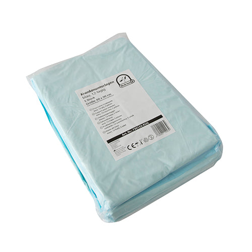 Bild eines Produkts: Medi-Inn Krankenunterlagen, Einmalunterlagen in der Größe 60 x 90 cm, 12-lagig im 5er-Pack. Die Krankenunterlagen sind in einem transparenten Kunststoffbeutel verpackt, der die Unterlagen schützt und gleichzeitig die Sicht auf das Produkt ermöglicht. Jede Unterlage ist weiß und zeigt eine feine, quadratische Struktur auf der Oberfläche. Die Verpackung ist beschriftet und enthält Informationen zu Größe und Eigenschaften.
