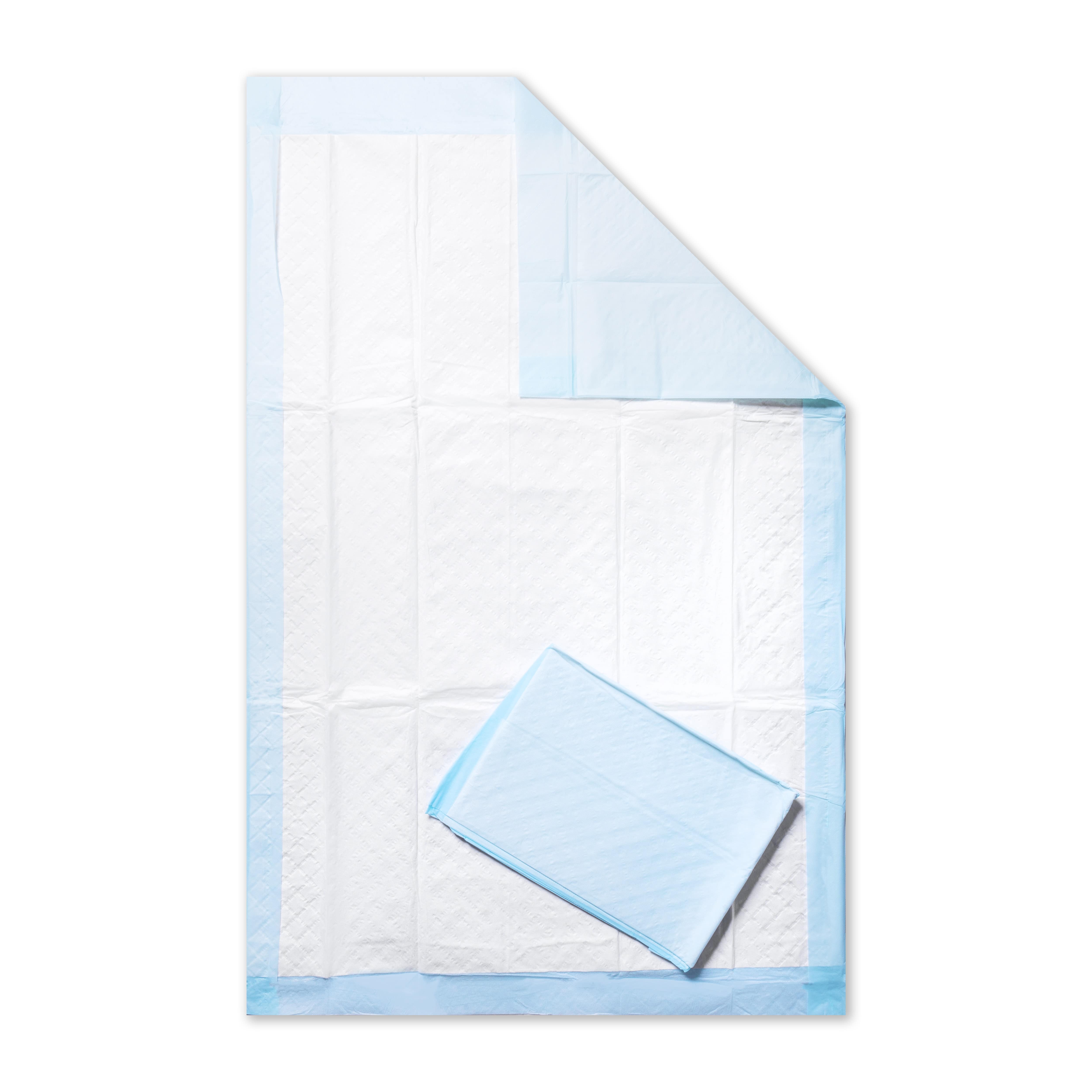 Ein 5er-Pack medizinischer Einmalunterlagen mit den Abmessungen 60 x 90 cm. Die Unterlagen sind 12-lagig und bieten hohe Saugfähigkeit sowie optimalen Schutz. Im Vordergrund sind die weißen Unterlagen sichtbar, die ordentlich gestapelt sind, um ihre Struktur und Dicke zu zeigen. Die Unterlagen haben eine leicht glänzende Oberfläche, die auf ihre wasserabweisenden Eigenschaften hinweist. Das Produkt ist ideal für den Einsatz in der medizinischen Versorgung, Pflege oder für Haustiere.