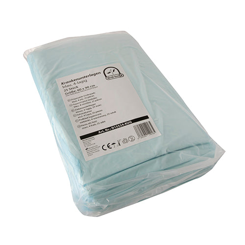 Eine Packung mit medi-inn Krankenunterlagen ist auf einem weißen Hintergrund abgebildet. Die Unterlagen sind in einem 25er-Pack und bestehen aus vier Lagen, wobei jede Unterlage eine Größe von 60 x 90 cm hat. Die Oberseite der Packung zeigt das Produktdesign, das klar und ansprechend ist, mit gut lesbarem Text über die Eigenschaften und Vorteile der Unterlagen.