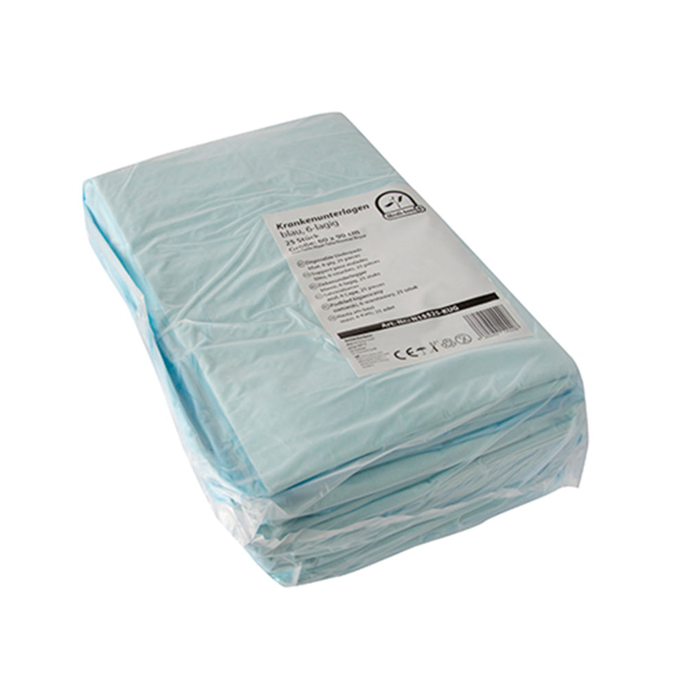 Ein Packung mit sechslagigen Einmalunterlagen in der Größe 60 x 90 cm. Die Unterlagen sind sauber verpackt und zeigen eine weiße Oberfläche, die auf der Oberseite zu sehen ist. Der Rand der Verpackung ist beschriftet und enthält Informationen zu den Vorteilen der Unterlagen, wie z.B. hohe Saugfähigkeit und Schutz vor Undichtigkeiten. Der Hintergrund ist neutral, wodurch das Produkt klar im Fokus steht. Ideal für den Einsatz in Pflegeeinrichtungen, Zuhause oder beim Transport von Patienten.