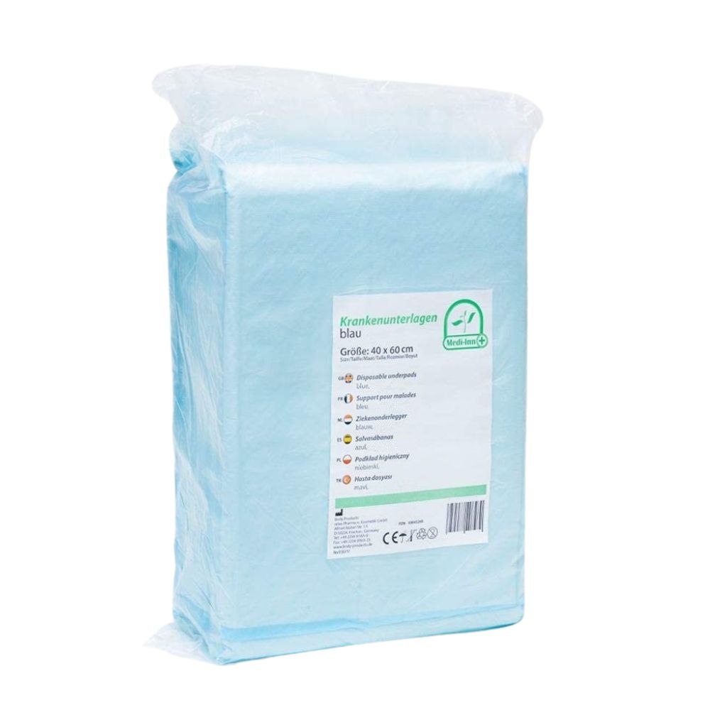 Ein Paket mit medizinischen Einmalunterlagen ist abgebildet. Die Unterlagen sind in einer transparenten Folie verpackt und zeigen die Maße von 40 x 60 cm. Das Produkt ist in einem 20er-Pack erhältlich und weist eine 10-lagige Struktur auf, die für hohen Komfort und Saugfähigkeit sorgt. Auf der Verpackung sind klare Beschriftungen und ein Hinweis auf die Verwendung in medizinischen Anwendungen zu erkennen.
