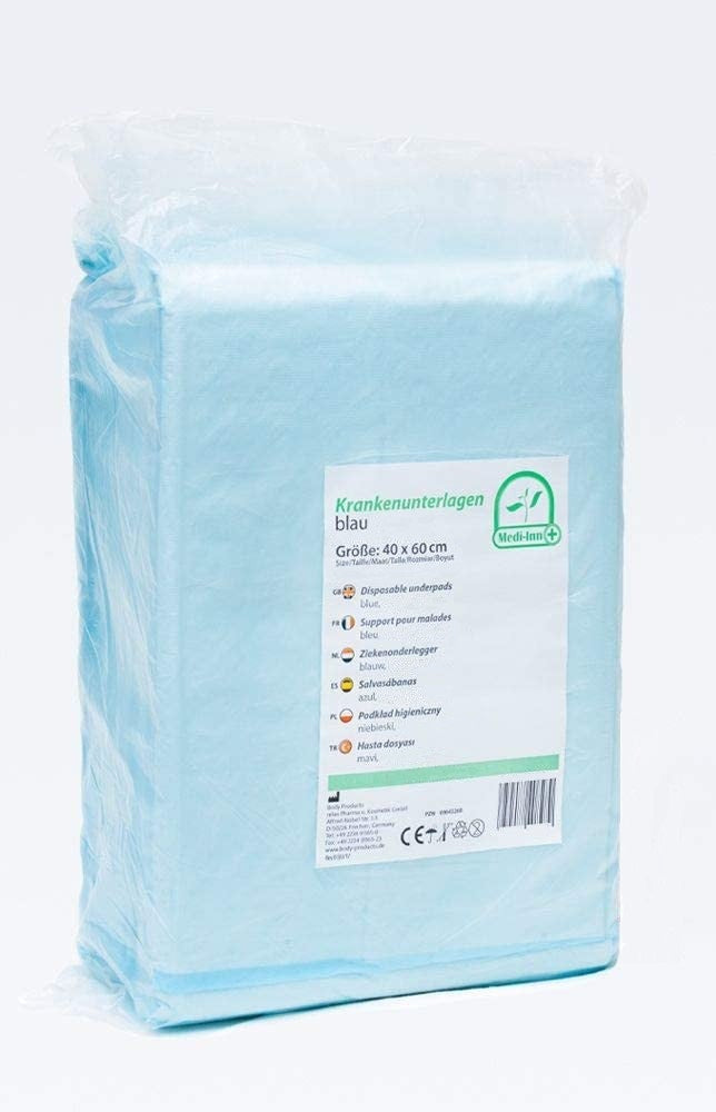 Die Abbildung zeigt ein Produktbild von medi-inn Einmalunterlagen, die in einem 20er-Pack angeboten werden. Die Unterlagen sind 40 x 60 cm groß und bestehen aus 10 lagen für besondere Saugfähigkeit. Auf dem Bild sind die Unterlagen in transparentem Folienmaterial dargestellt, das die Hygieneeigenschaften der Produkte unterstreicht. Der Hintergrund ist neutral gehalten, sodass das Hauptaugenmerk auf den Unterlagen liegt. Ideal für den Einsatz in Pflege, Medizin und für hygienische Anwendungen.