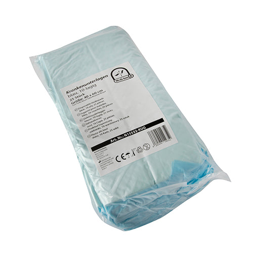 Bild zeigt eine Packung von Medi Inn Krankenunterlagen, die in einer transparenten Folie verpackt sind. Die Unterlagen sind 40 x 60 cm groß, 10-lagig und in einem 25er-Pack erhältlich. Die Vorderseite der Verpackung ist klar beschriftet und hebt die Merkmale der Unterlagen hervor, die für den einmaligen Gebrauch konzipiert sind. Im Hintergrund sieht man einen unifarbenen Untergrund, der den Fokus auf das Produkt lenkt. Ideal für den Einsatz im Gesundheitswesen und für persönliche Pflege.