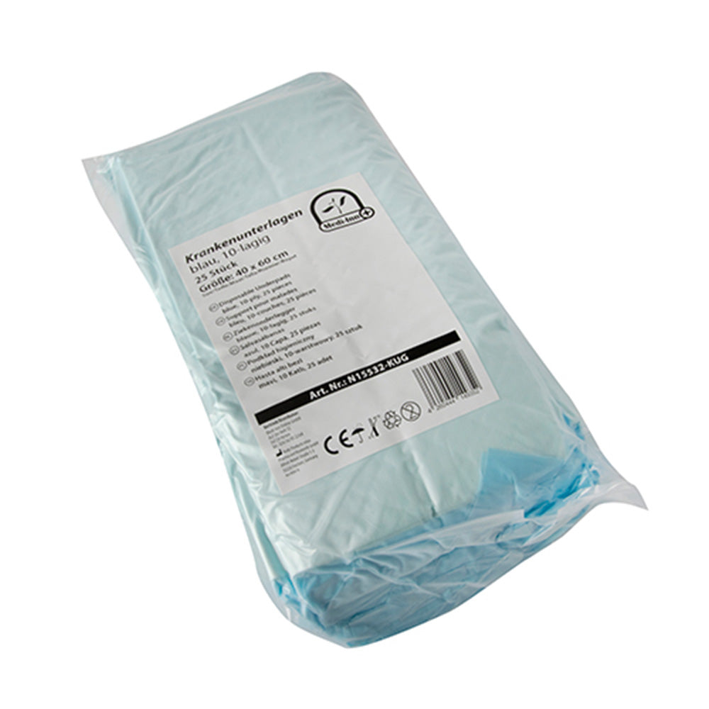 Bild eines Produkts, das Einmalunterlagen in Folie zeigt. Die Unterlagen sind im Pack mit 25 Stück, jede mit einer Größe von 40 x 60 cm. Das Produkt ist zehnlagig, was eine hohe Saugfähigkeit und Schutz bietet. Im Hintergrund ist ein schlichtes, weißes Design zu sehen, das die Unterlagen hervorhebt. Der Fokus liegt auf der strukturierten Oberfläche und den klaren, bunten Etiketten, die die Markenbezeichnung und Produktspezifikationen anzeigen.