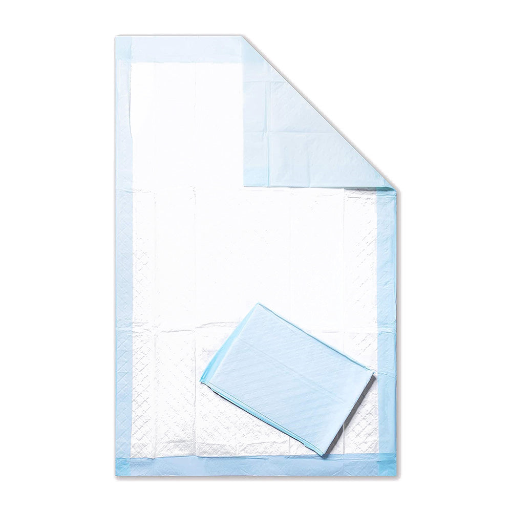 Bild zeigt eine Packung medizinischer Unterlagen, bestehend aus vierlagigen Einmalunterlagen in transparenter Folie. Die Unterlagen messen 40 x 60 cm und sind für den hygienischen Einsatz in medizinischen Umgebungen konzipiert. Sie sind ordentlich gefaltet und in einer schlichten Verpackung präsentiert, die das Produkt klar sichtbar macht. Die Umgebung ist neutral gehalten, um den Fokus auf die Unterlagen zu lenken.