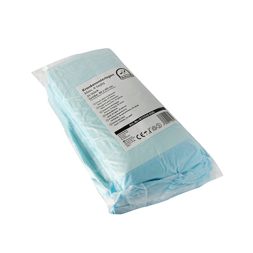 Ein Packung mit 25 Einmalunterlagen in Folie, die jeweils in der Größe 40 x 60 cm erhältlich sind. Die Unterlagen sind vierlagig und bieten Schutz sowie Hygiene. Die Verpackung zeigt eine klare, ansprechende Gestaltung mit modernen grafischen Elementen. Im Vordergrund sind die Unterlagen gestapelt und die Folie ist teilweise transparent, sodass die Schichten sichtbar sind. Die Farben sind hauptsächlich blau und weiß, was für ein sauberes und medizinisches Erscheinungsbild sorgt.
