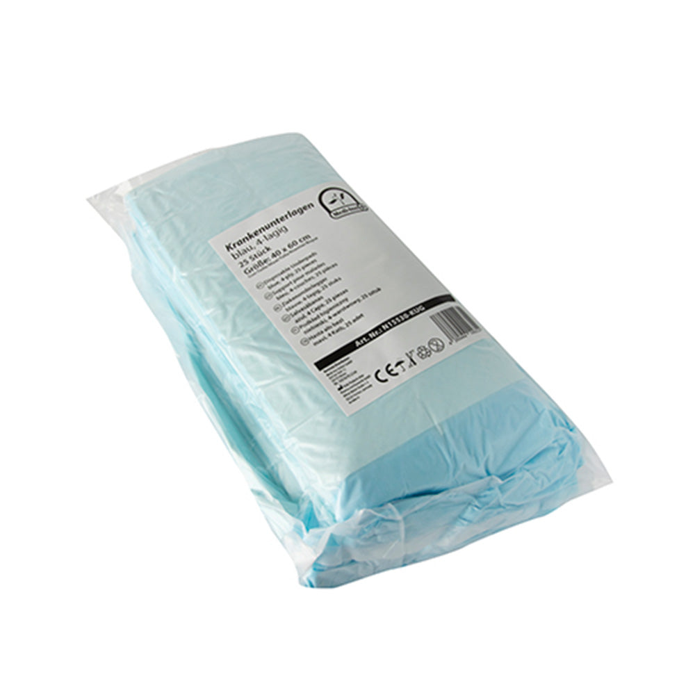 Bild eines 25er-Packs von medi-inn Krankenunterlagen, die einzeln in durchsichtige Folie verpackt sind. Jede Unterlage hat die Maße 40 x 60 cm und ist in vier Lagen gefaltet. Die Oberfläche der Unterlagen ist glatt und glänzend, die Farbe ist überwiegend starkes Blau. Der Pack ist ordentlich gestapelt und zeigt eine klare Produktbezeichnung auf der Vorderseite. Der Hintergrund ist neutral und lässt das Produkt hervorstechen, was die Funktionalität und Qualität der Unterlagen betont.