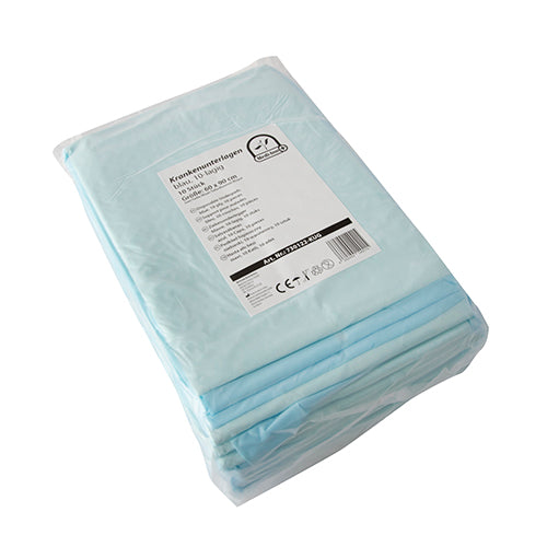Zehnlagige Einmalunterlagen in Folie, Größe 60 x 90 cm, in einem packungsfähigen 10er-Set. Die Unterlagen sind in einem klaren, transparenten Verpackungsmaterial zusammengepackt, das einen Blick auf die einzelnen Unterlagen gewährt. Jede Unterlage ist gleichmäßig gefaltet und zeigt eine glatte, schützende Oberfläche, die ideal für medizinische Anwendungen, Pflegeeinrichtungen oder Zuhause ist. Die Unterlagen sind bedenkenlos für Einmalgebrauch geeignet und bieten zuverlässigen Schutz und Hygiene.
