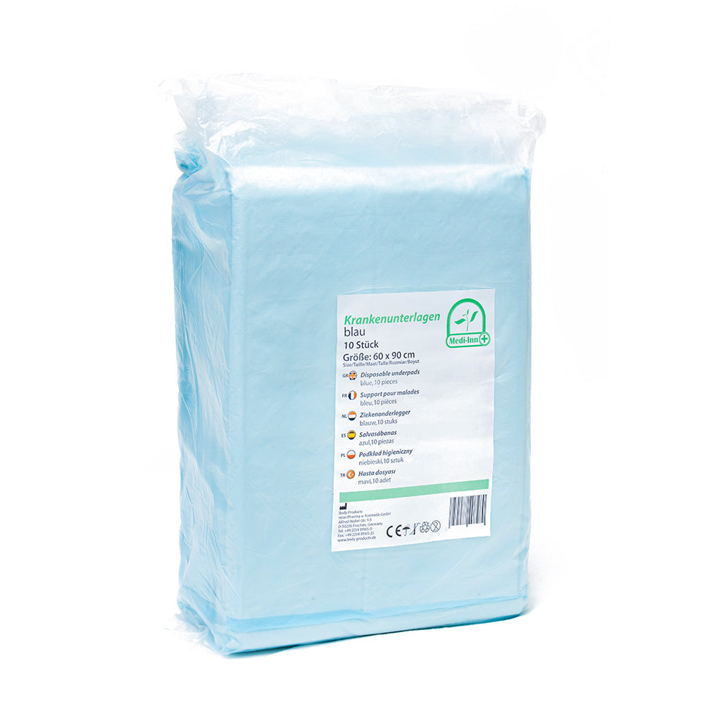 Bild zeigt eine Verpackung von Medi-Inn Krankenunterlagen, die in einem 10er-Pack angeboten werden. Jede Unterlage ist 60 x 90 cm groß und besteht aus 10 Lagen, was auf hohe Saugfähigkeit und Schutz hinweist. Die Unterlagen sind in Folie eingeschweißt, was für hygienische Lagerung sorgt. Der Hintergrund ist hell und neutral gehalten, wodurch die Produktdetails gut zur Geltung kommen.