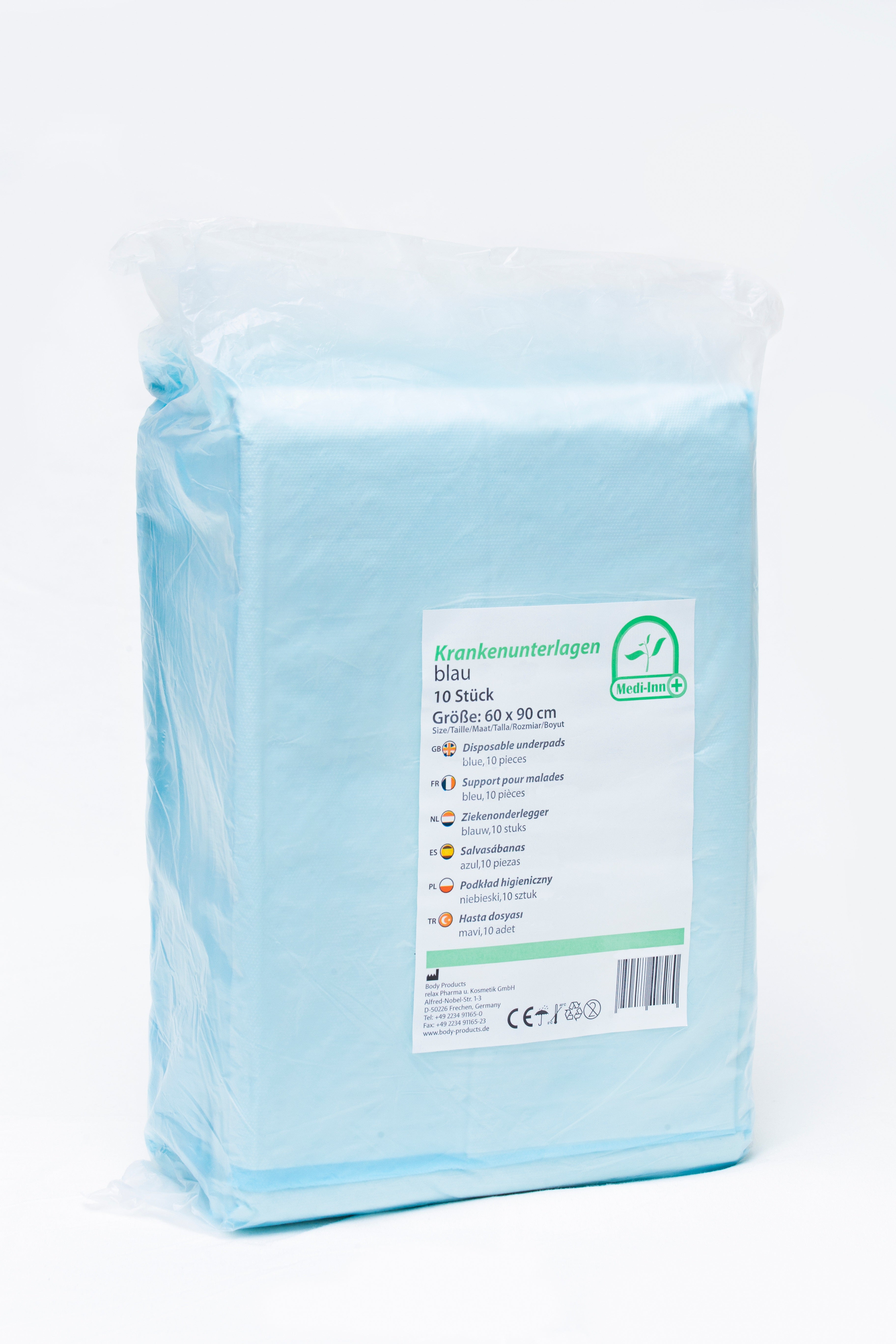 Ein Paket mit Einmalunterlagen in Folie, bestehend aus 60 x 90 cm großen, sechslagigen Krankenunterlagen. Die Unterlagen sind hygienisch verpackt und in einer transparenten Folie sichtbar, um die Qualität und Struktur zu zeigen. Sie sind in einem ansprechenden, professionellen Design angeordnet, was auf ihre Verwendung in medizinischen Einrichtungen hinweist. Die Unterlagen bieten zuverlässigen Schutz und Komfort, ideal für Patientenversorgung und hygienische Anwendungen.