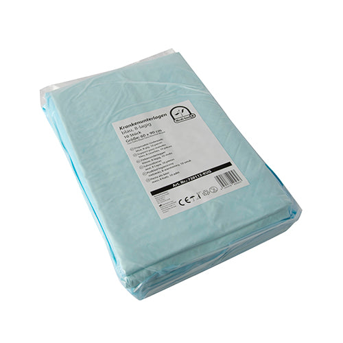 Ein Paket mit hygienischen Einmalunterlagen der Marke Medi Inn. Die Unterlagen sind in Folie verpackt und messen 60 x 90 cm. Es sind insgesamt 8 Lagen, die Schutz und Saugfähigkeit bieten. Die Verpackung zeigt eine klare, professionelle Gestaltung mit dem Markennamen und Produktinformationen auf der Vorderseite. Die Unterlagen sind ideal für medizinische und pflegerische Anwendungen, um sowohl Patienten als auch die Umgebung hygienisch zu schützen.