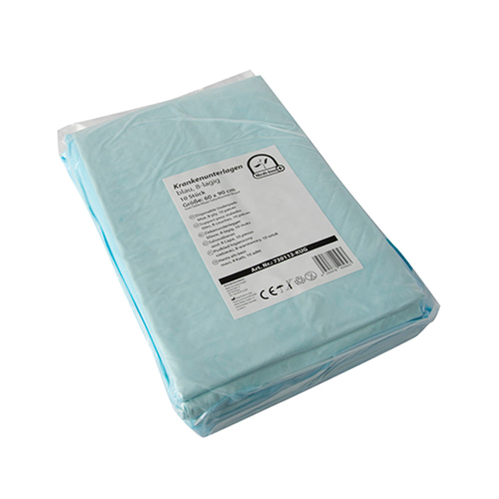 Ein Paket mit medizintechnischen Einmalunterlagen in Folie, bestehend aus 8 lagenstarken und strapazierfähigen Unterlagen. Jede Unterlage hat eine Größe von 60 x 90 cm und ist sauber gefaltet. Der transparente Folienumschlag zeigt eine klare Sicht auf die Produkte. Die Verpackung ist funktional und ideal für den Einsatz in der medizinischen Pflege. Die Unterlagen sind hygienisch, wasserundurchlässig und schützen Oberflächen vor Verunreinigungen. Perfekt für Kliniken, Pflegeheime oder den privaten Gebrauch.