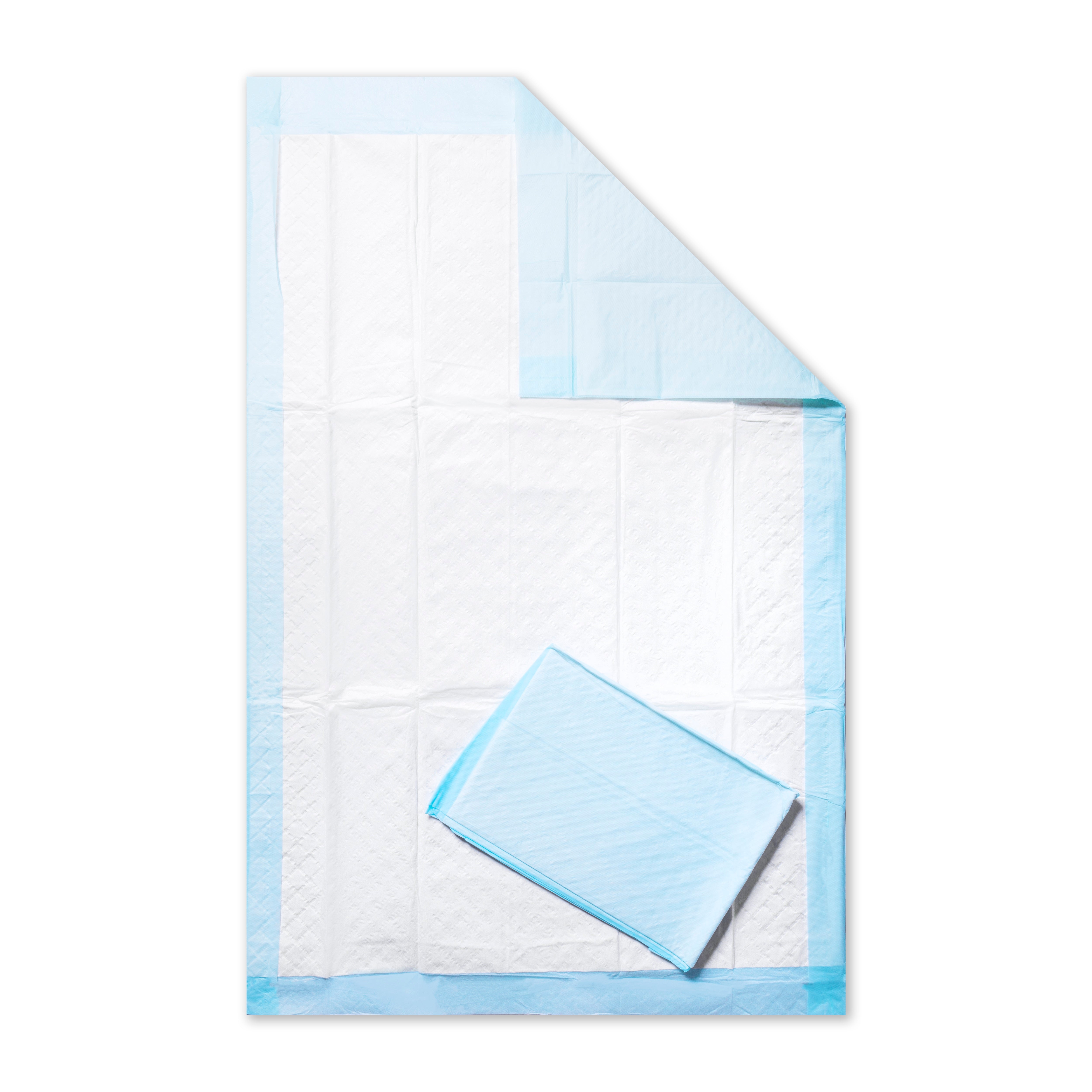 Weißes, faltbares Krankenunterlagen-Set mit runder, samtiger Struktur und einer Größe von 60 x 60 cm. Das Produkt ist in einem sterilen, hygienischen Zustand präsentiert und eignet sich ideal für den medizinischen Einsatz, z.B. in Arztpraxen oder für Pflegebedarf. Die Unterlagen sind weich und saugfähig, bieten Schutz für Bettwäsche und Möbel und sind in einer praktischen, kompakten Verpackung zusammengestellt.