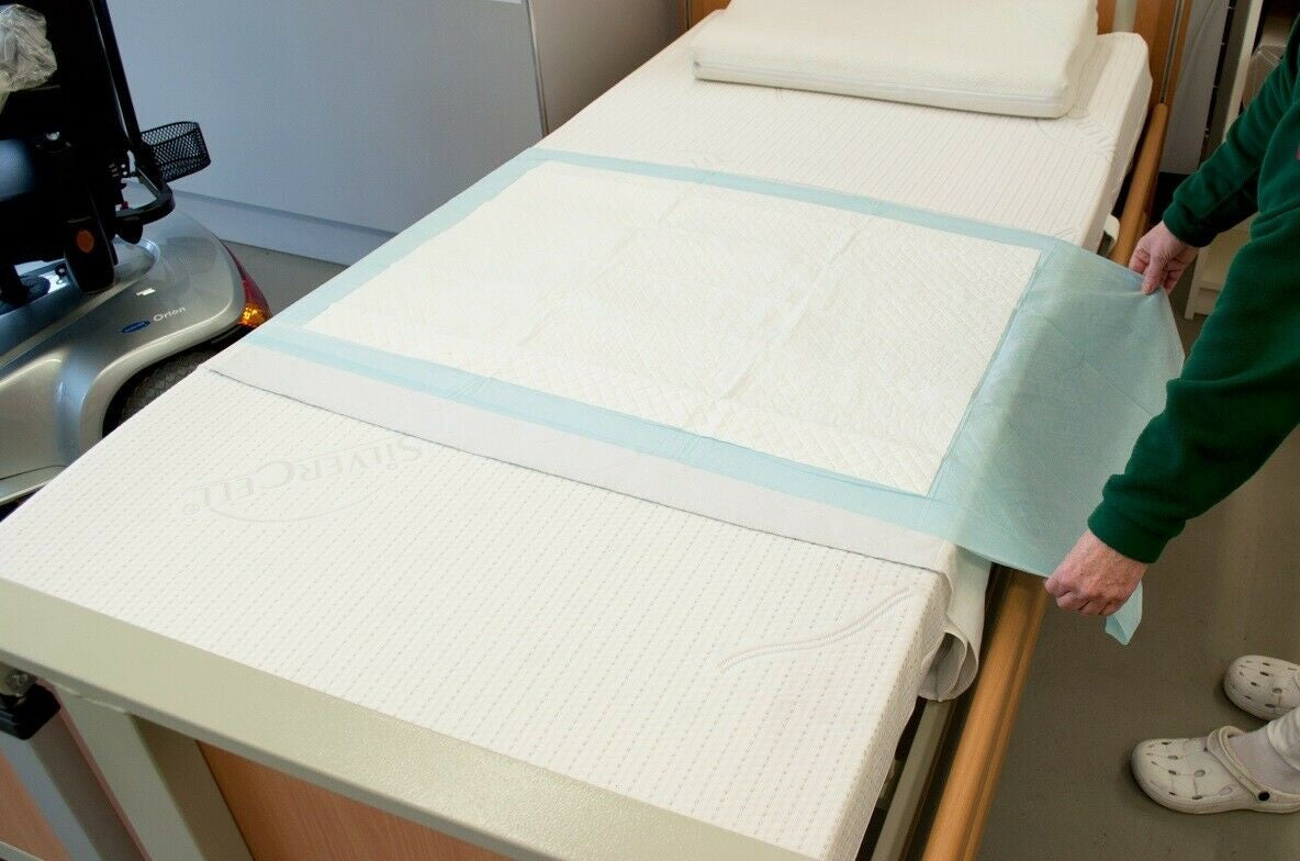 Auf dem Bild sind mehrere Pakete mit Krankenunterlagen des Modells "Sap Plus Premium" zu sehen. Jedes Paket reicht in der Größe von 70 x 175 cm und enthält mehrere Unterlagen, die für den medizinischen Einsatz geeignet sind. Die Unterlagen haben eine weißliche Farbe und sind im gefalteten Zustand ordentlich gestapelt. Der Hintergrund ist neutral und hebt die Produkte hervor.