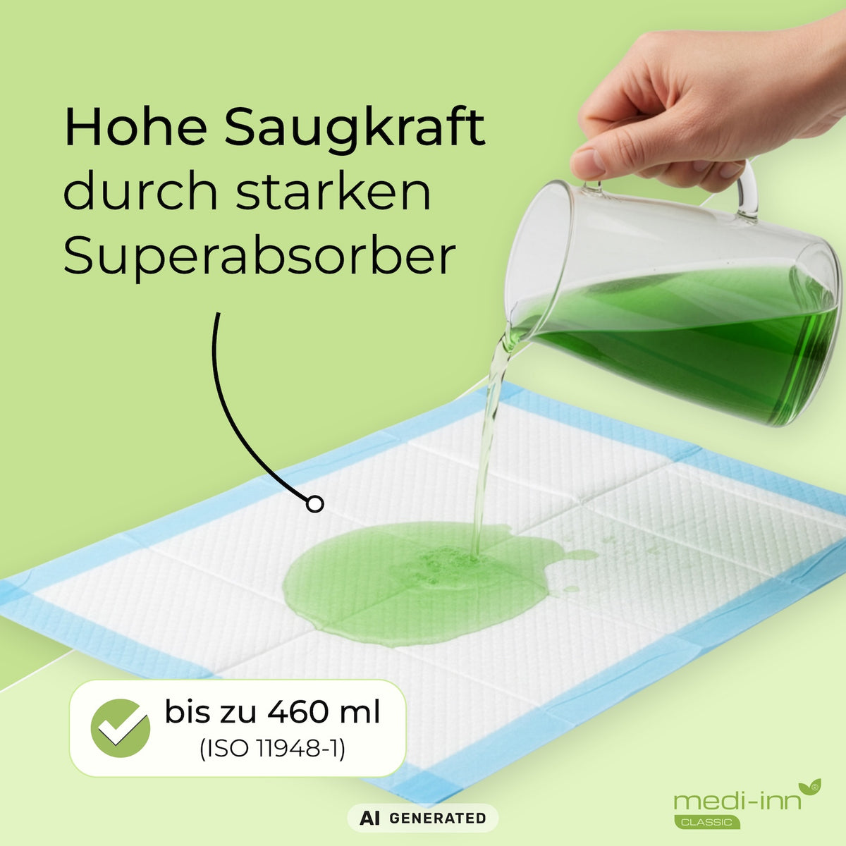 Anwendung: Flüssigkeit wird auf eine SAP SELECT Krankenunterlage gegossen; hohe Saugkraft durch Superabsorber, bis 460 ml