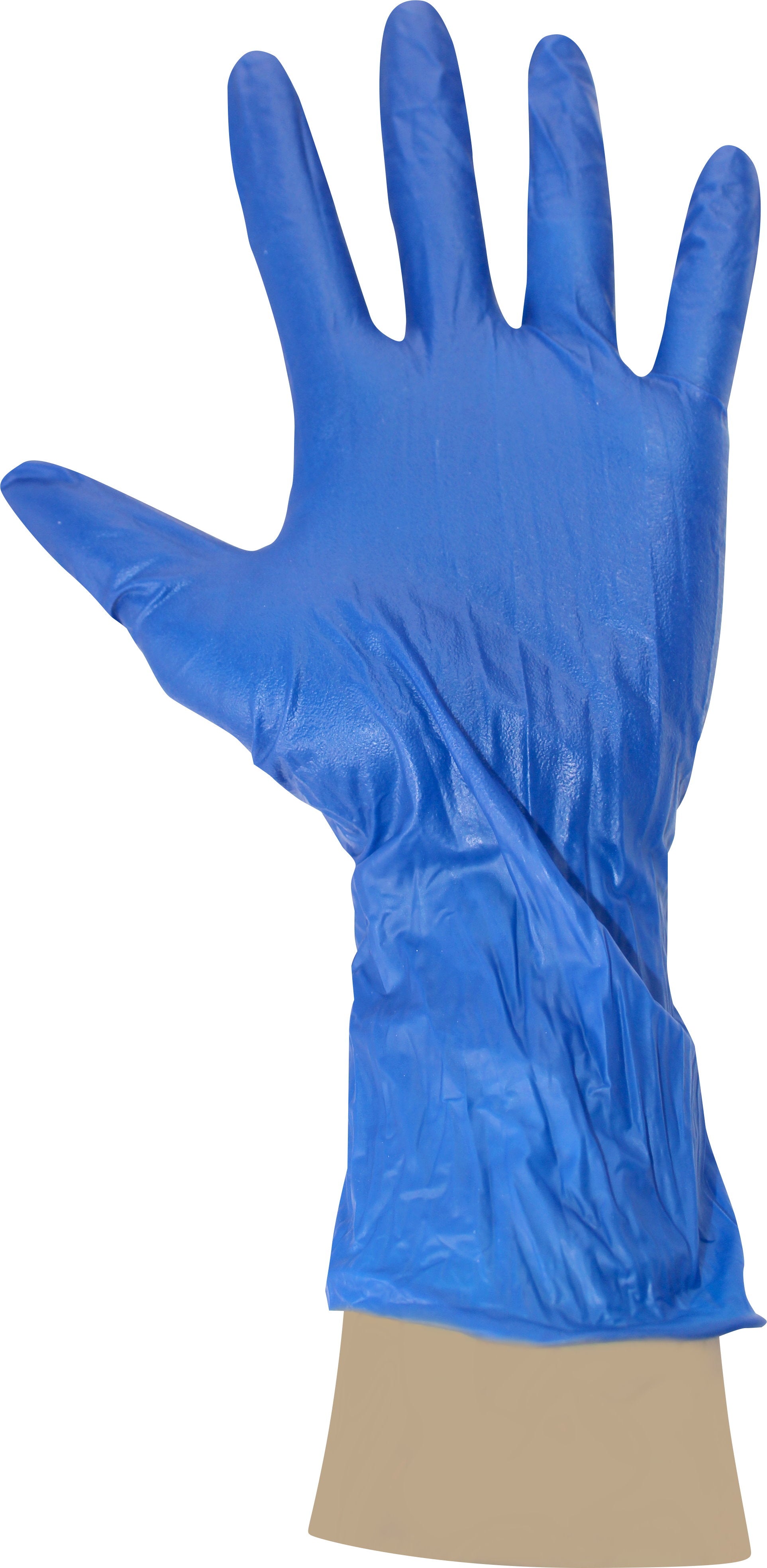 Ein Paar medizinische Einmalhandschuhe aus Latex in einem kräftigen Blau, präsentiert auf einem weißen Hintergrund. Die Handschuhe sind puderfrei und in der Größe Medium angegeben. Sie wirken flexibel und passen sich an die Handform an, was ihre Eignung für verschiedene Anwendungen unterstreicht. Die Oberfläche der Handschuhe ist glatt und glänzend, was auf die hochwertige Verarbeitung hinweist.