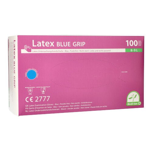 Blaues, puderfreies Einmalhandschuh-Paar aus Latex in der Größe S (Small). Die Handschuhe haben eine glatte Oberfläche und bieten eine gute Flexibilität sowie Rutschfestigkeit, perfekt für medizinische und hygienische Anwendungen. Der hintere Teil der Handschuhe ist leicht transparent, während die Fingerpartien gut geformt sind und die Daumenposition die Handhabung erleichtert.