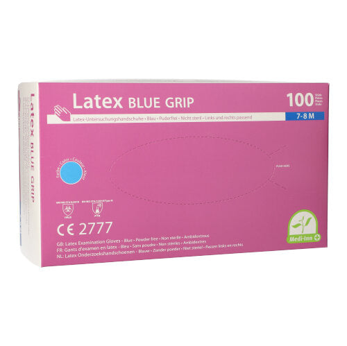 Ein Bild von blauen Latex-Einmalhandschuhen der Marke Medi Inn, die auf einem weißen Hintergrund platziert sind. Die Handschuhe sind puderfrei und in der Größe XL (X-Large) erhältlich. Sie weisen eine strukturierte Oberfläche auf, die für besseren Griff sorgt. Die Verpackung ist nicht sichtbar, die Handschuhe sind einzeln ausgelegt, um Details wie die Färbung und Textur hervorzuheben.