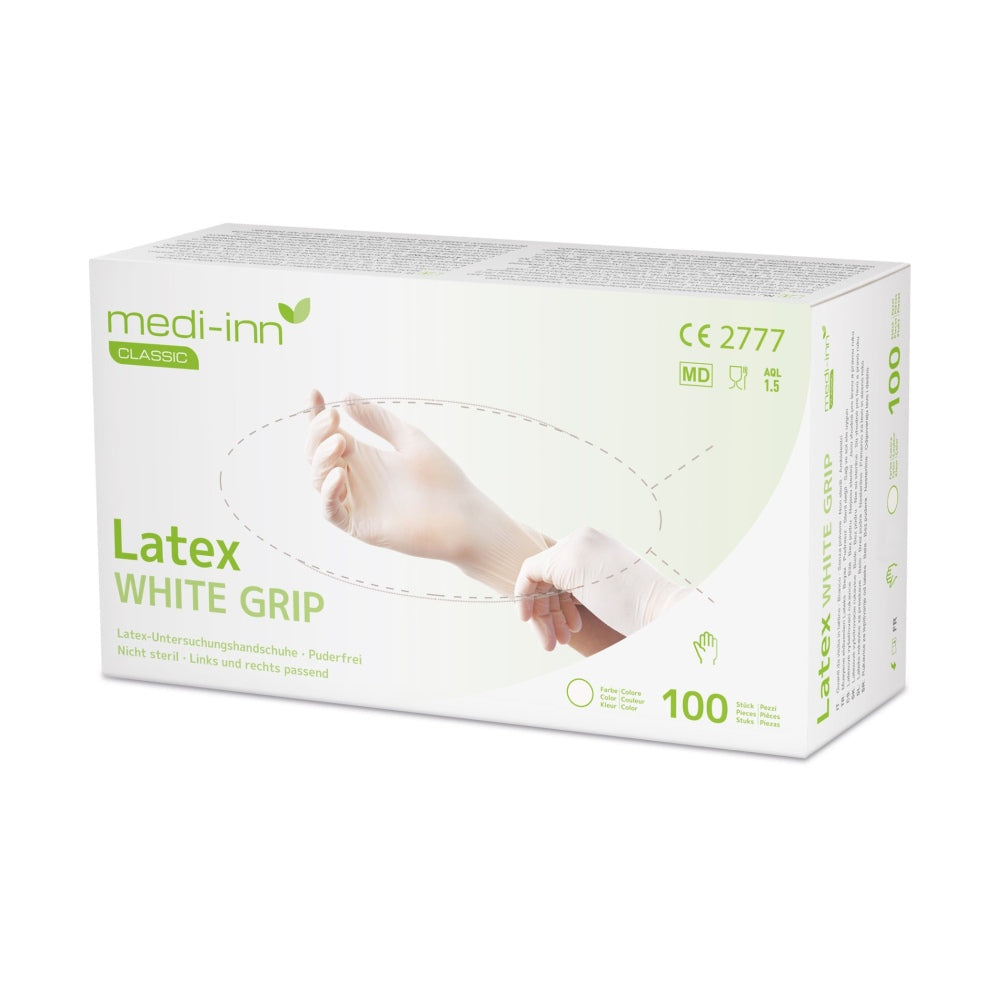 Ein Paar medizinische Einmalhandschuhe aus latex, puderfrei, in der Größe S. Die Handschuhe sind in einem sauberen, weißen Farbton gehalten und haben eine glatte Oberfläche. Sie sind leicht flexibel und anpassungsfähig, ideal für präzise Arbeiten. Die Verpackung zeigt das Produkt in einer ansprechenden Anordnung, mit deutlich lesbarem Schriftzug und Informationen zu den Eigenschaften.