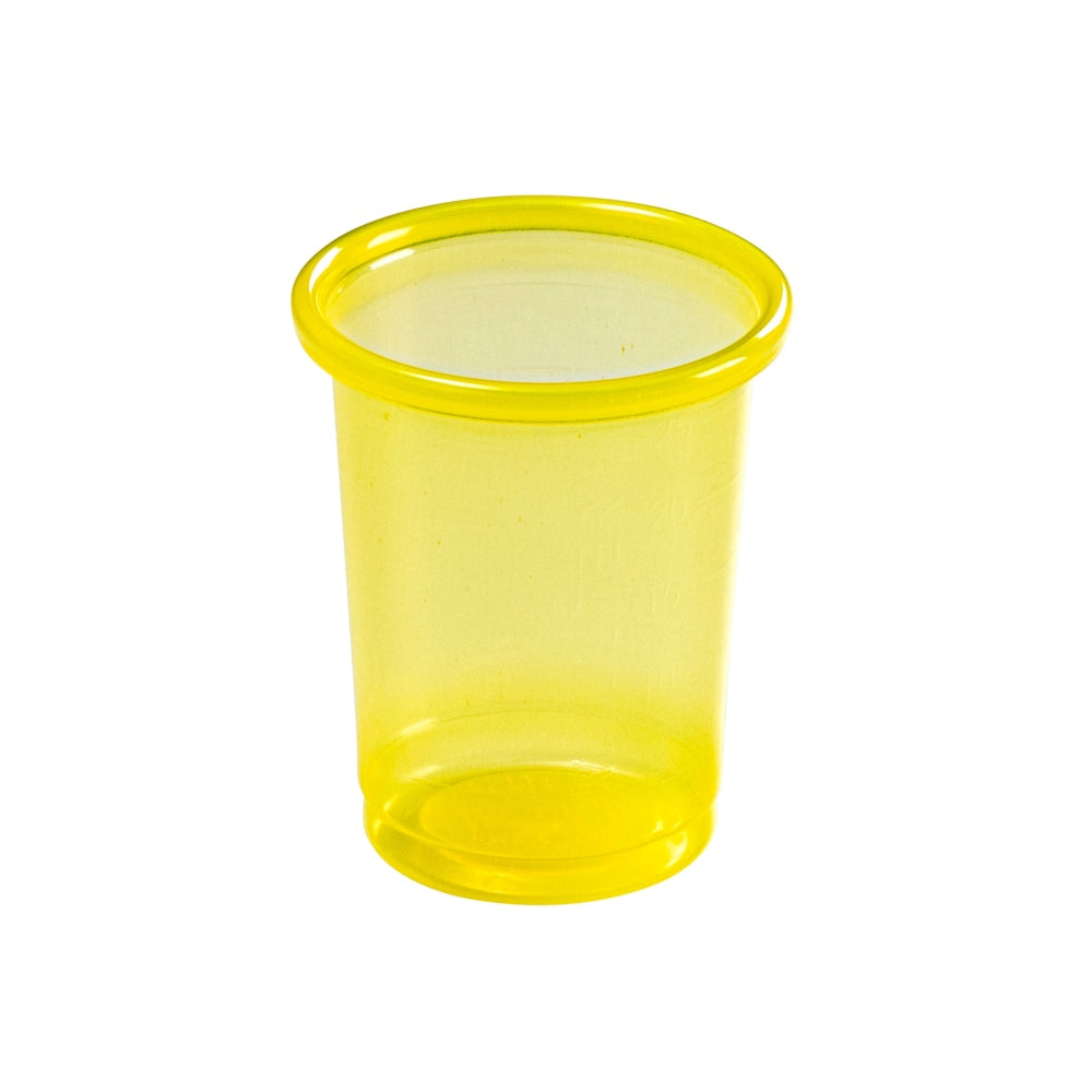 Transparenter Medikamentenbecher mit rotem Deckel. Der Becher hat eine klare, gut sichtbare Skala zur genauen Dosierung und ist mit einem stabilen, Schraubverschluss ausgestattet, der das Auslaufen von Flüssigkeiten verhindert. Die Oberfläche ist glatt und leicht zu reinigen. Auf dem Becher ist ein Hinweis zur Verwendung abgebildet. Der Deckel hat eine robuste Struktur und lässt sich bequem öffnen. Das Farbdesign in Rot sorgt für eine einfache Identifizierung und einen modernen Look.