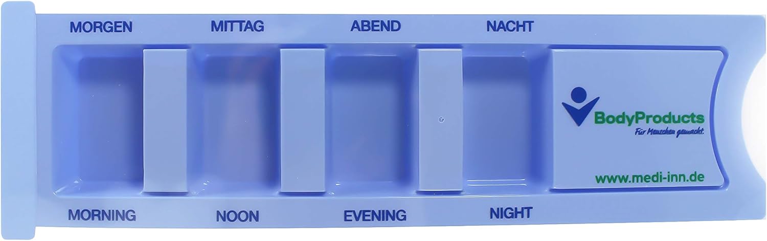 Bild eines medi-inn Medikamentendispenser mit vier Fächern. Jedes Fach ist klar gekennzeichnet und für die tägliche Einnahme von Medikamenten sinnvoll gestaltet. Die Box hat ein modernes, funktionales Design in sanften Farben, welches die Benutzerfreundlichkeit betont. Auf der Oberseite sind die Tage der Woche aufgedruckt, während die Fächer durch Deckel leicht zu öffnen sind. Der Dispenser ist ideal für die Organisation von Pillen und unterstützt eine strukturierte Medikation.