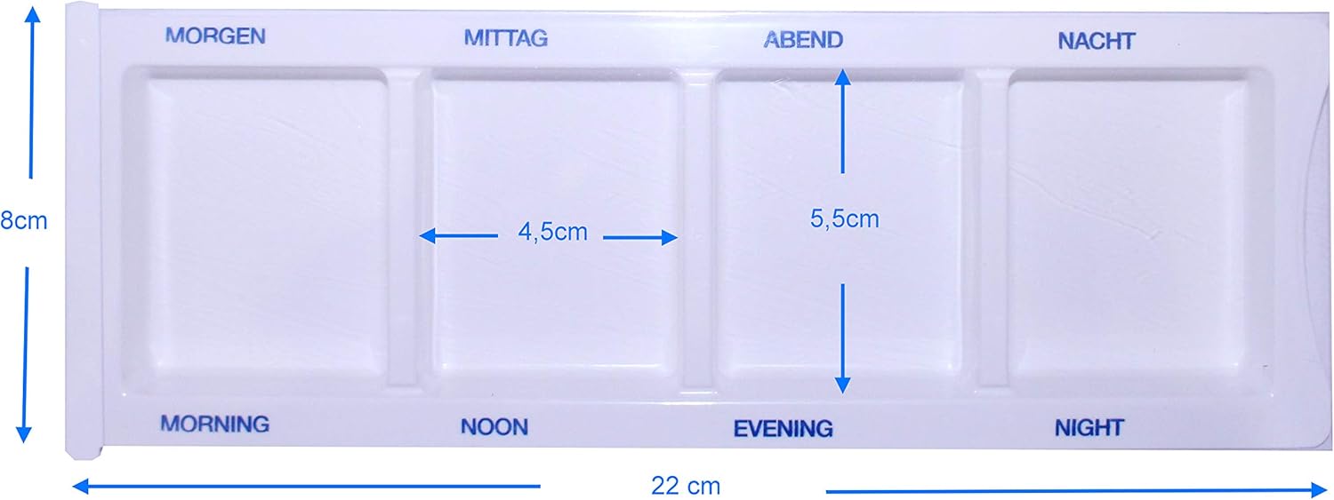 Medikamentendispenser in ansprechendem Design, auf weißem Hintergrund. Der Dispenser besteht aus einem transparenten Gehäuse mit vier separaten Fächern, die durch leicht abnehmbare Deckel verschlossen sind. Jedes Fach ist farblich gekennzeichnet und enthält eine Tagesbeschriftung, was eine einfache Identifikation ermöglicht. Ideal zur organisierten Einnahme von Tabletten und Medikamenten. Die kompakte Größe macht ihn praktisch für den Einsatz zu Hause oder unterwegs.