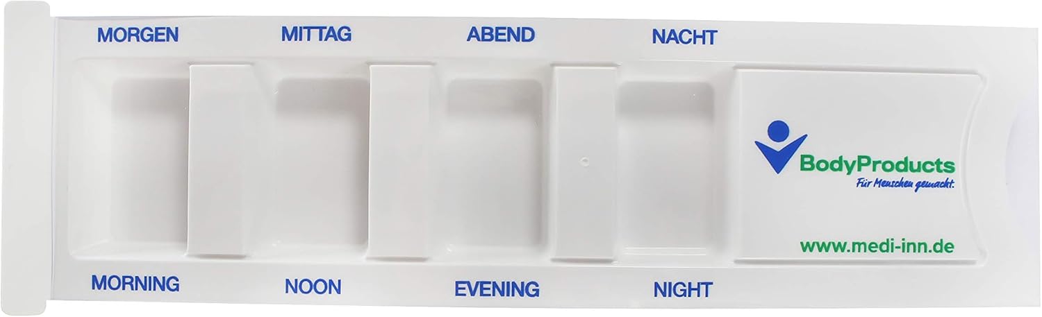 Medikamentendispenser in rechteckiger Form mit vier Fächern, ideal zum Organisieren von Tabletten. Jedes Fach ist farblich markiert und trägt die Wochentage auf der Oberseite. Der Dispenser ist aus transparentem Kunststoff, wodurch der Inhalt sichtbar ist. Jedes Fach hat eine leicht zu öffnende Klappe für einfachen Zugang zu den Medikamenten. Der Dispenser eignet sich zur täglichen Dosierung und sorgt für eine ordentliche und übersichtliche Aufbewahrung von Pillen.