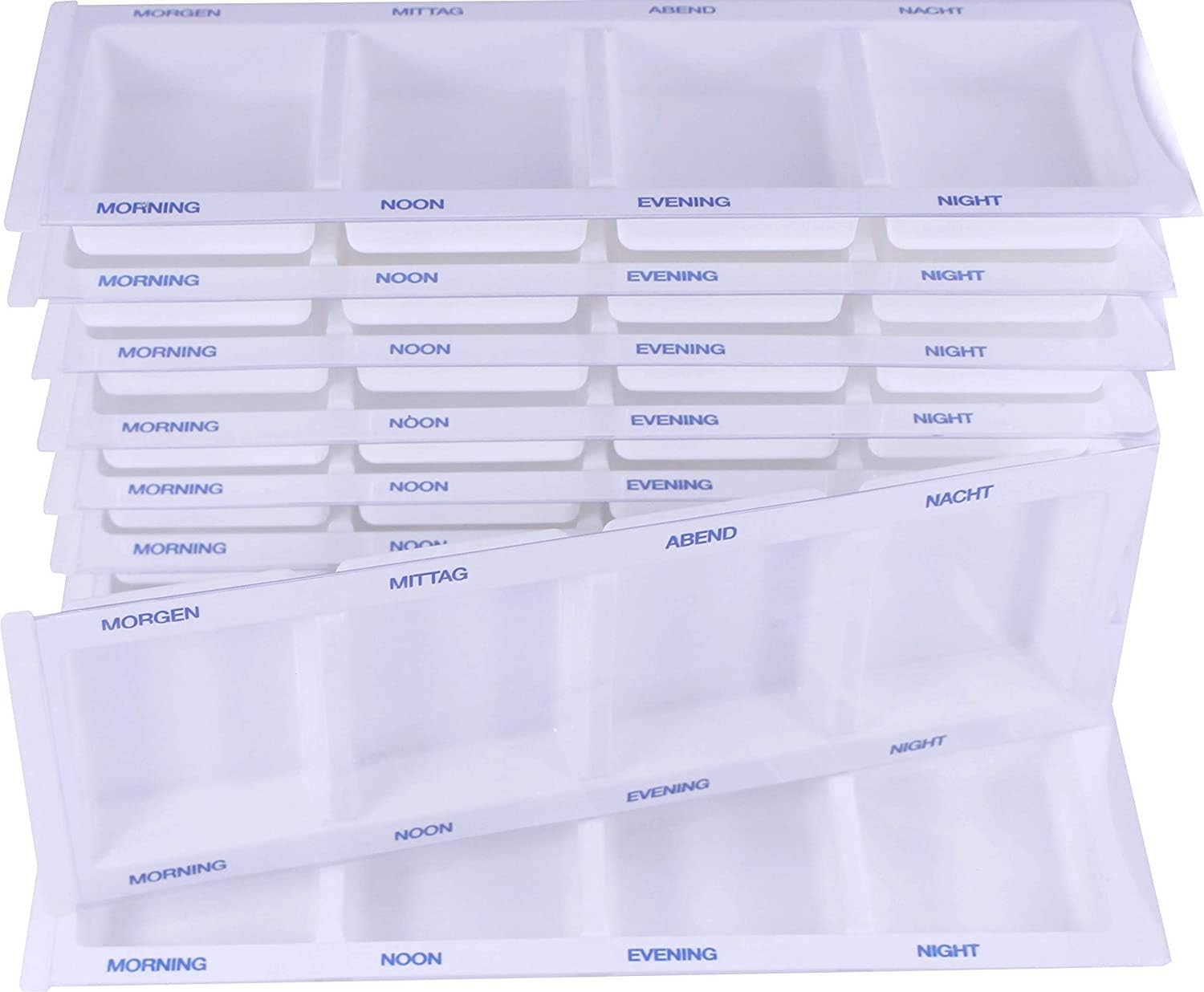 Medikamentendispenser für die tägliche Einnahme mit vier Fächern, ideal zur Aufbewahrung von Tabletten und Pillen. Die Fächer sind klar und gut zugänglich, ermöglichen eine einfache Sichtbarkeit der darin enthaltenen Medikamente. Jedes Fach ist mit dem jeweiligen Wochentag gekennzeichnet, um eine einfache Organisation zu gewährleisten. Der Dispenser hat ein kompaktes Design, das ihn perfekt für den Einsatz zu Hause oder unterwegs macht.
