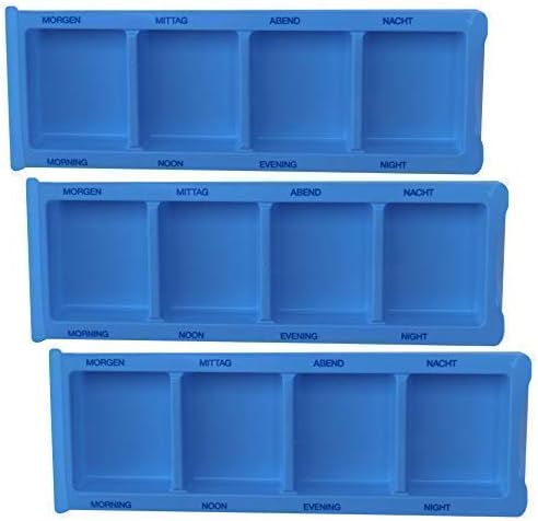 Detaillierte Ansicht eines Medikamentendispenser mit vier Fächern, die jeweils mit einem transparenten Deckel versehen sind. Jedes Fach ist mit einem großzügigen, farblich gekennzeichneten Bereich für die tägliche Medikation ausgelegt. Der Dispenser ist in einem modernen, kompakten Design gehalten und bietet eine praktische Lösung zur Aufbewahrung von Tabletten. Durch die klare Gestaltung lässt sich der Inhalt leicht erkennen, ideal für die strukturierte Einnahme von Medikamenten.