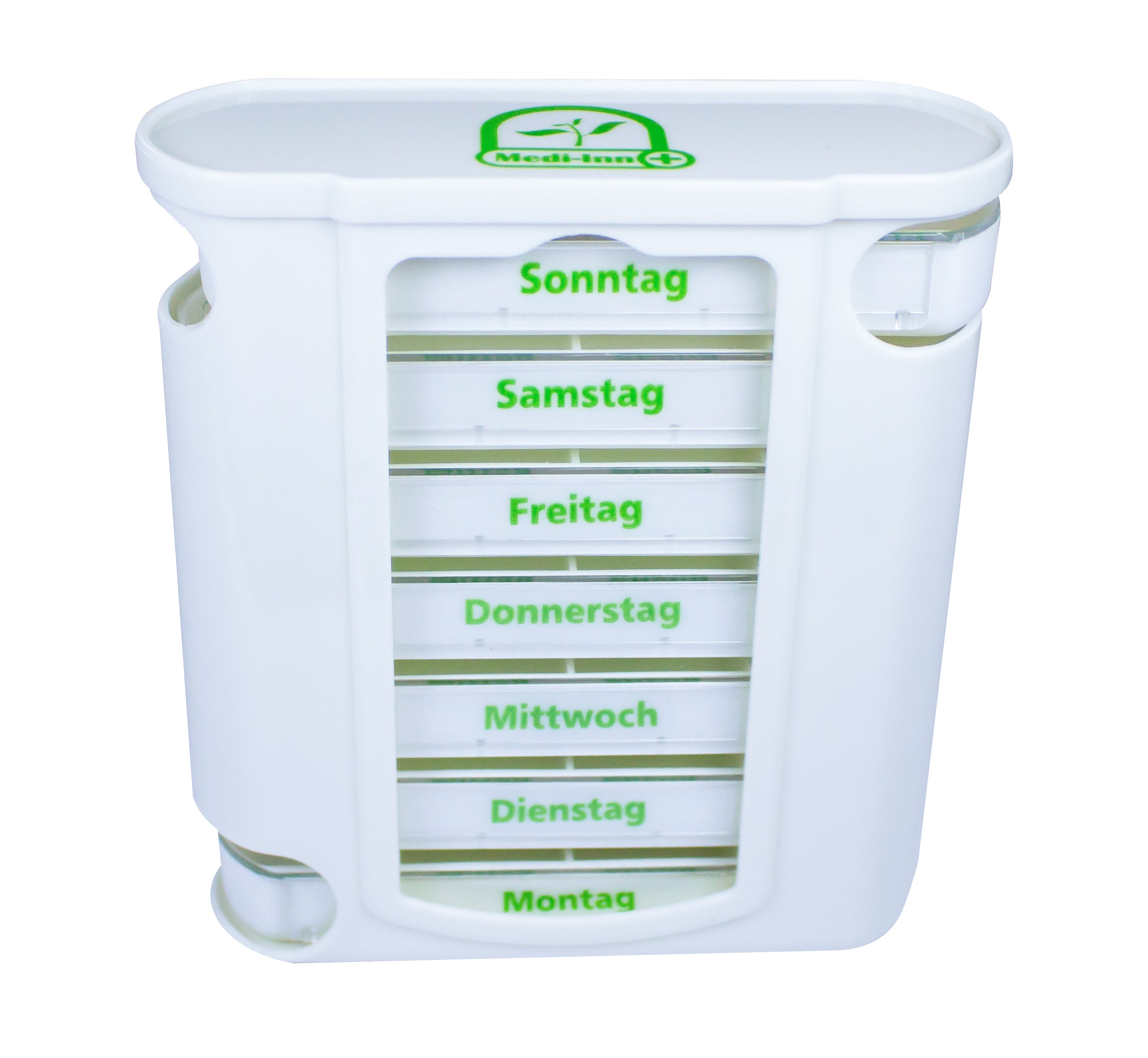 Ein Medikamentenspender für eine Woche in einem klaren, modernen Design. Der Spender besteht aus sieben separaten, farblich gekennzeichneten Fächern, jeweils für einen Tag der Woche. Jedes Fach ist mit dem entsprechenden Wochentag beschriftet, von Montag bis Sonntag. Die Fächer sind transparent, sodass der Inhalt gut sichtbar ist. Der Spender hat eine kompakte, rechteckige Form und kann leicht aufbewahrt oder transportiert werden.
