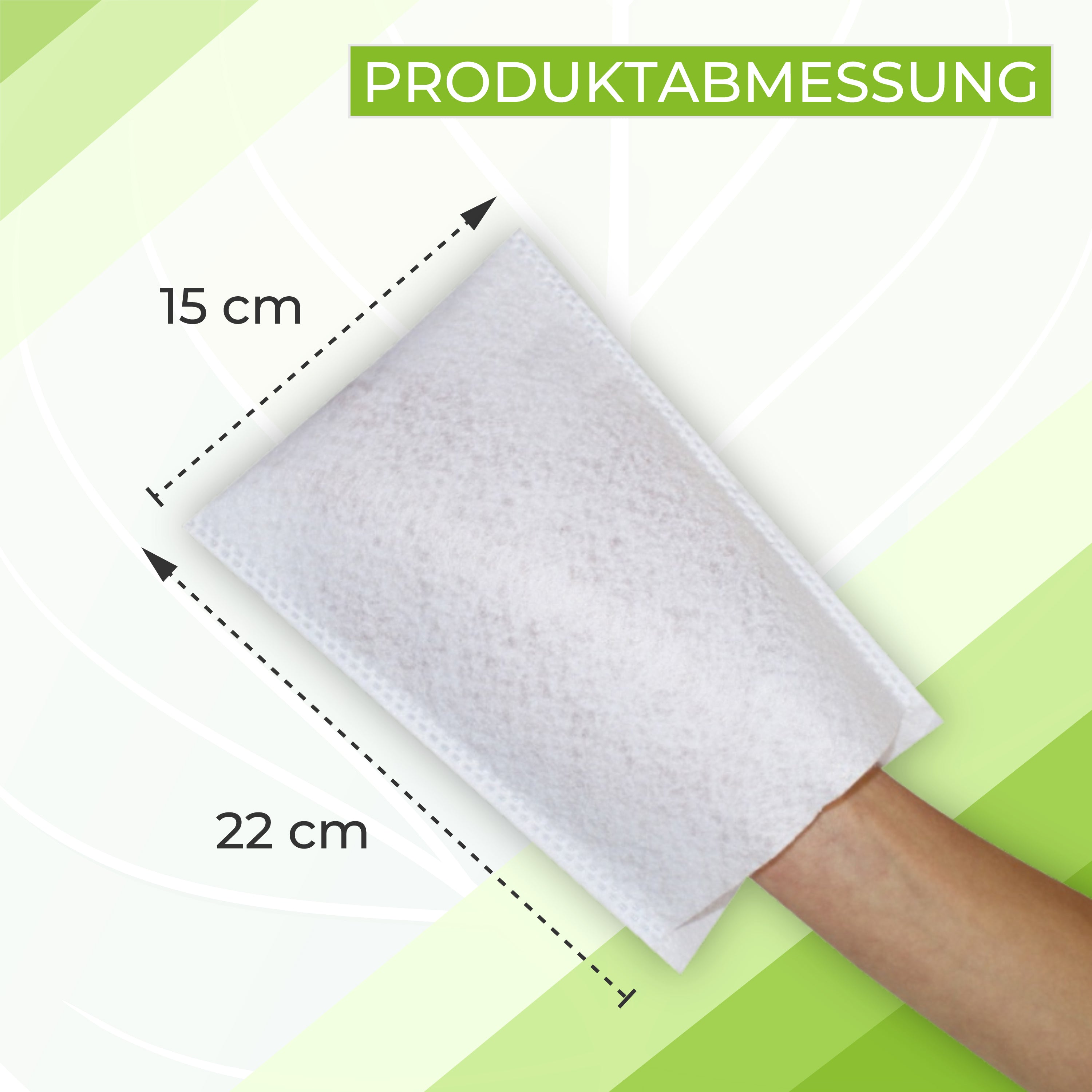 Weißer, weicher Einmal-Waschhandschuh aus Molton, präsentiert in einem handlichen 100er-Pack, mit den Abmessungen 15 x 22 cm. Der Waschhandschuh ist feuchtigkeitsdurchlässig und ideal für hygienische Anwendungen. Die Verpackung ist klar strukturiert, zeigt die Produktbezeichnung sowie die Artikelnummer N15546. Der Hintergrund ist einfach gehalten, um den Fokus auf den Waschhandschuh zu lenken.