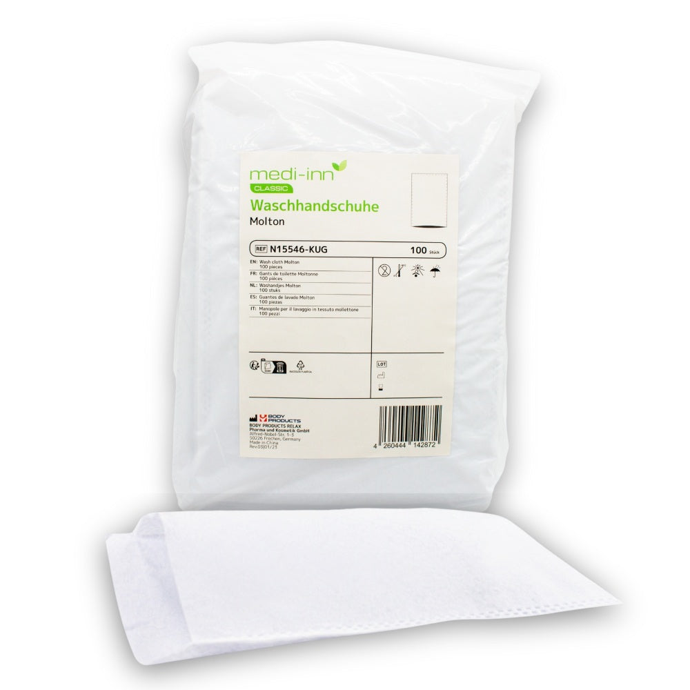 Detaillierte Produktabbildung eines 100er-Packs von Medi Inn Einmal-Waschhandschuhen. Die Waschhandschuhe sind rechteckig, in der Größe 15 x 22 cm, und bestehen aus weichem, hautfreundlichem Material in einer hellen, cremefarbenen Farbe. Die Einzelheiten der Handschuhe sind klar erkennbar, sie sind gefaltet und ordentlich verpackt. Im Hintergrund ist ein neutraler, hellgrauer Farbton zu sehen, der den Fokus auf die Waschhandschuhe legt.