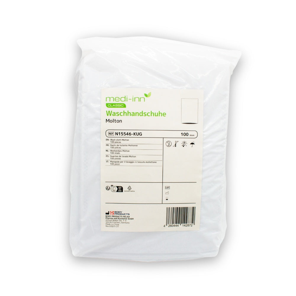 Weiße, hoogwaardige Einmal-Waschhandschuhe aus Molton, präsentiert in einem 100er-Pack. Jeder Handschuh misst 15 x 22 cm und ist ideal für hygienische Anwendungen in der Pflege oder im Haushalt. Die Handschuhe sind weich und angenehm auf der Haut, bieten jedoch gleichzeitig eine robuste Qualität für verschiedene Reinigungs- und Waschzwecke. Die Verpackung ist klar und informativ, mit der Artikelnummer N15546 und dem Hersteller-Markenlogo, das auf der Vorderseite abgebildet ist.