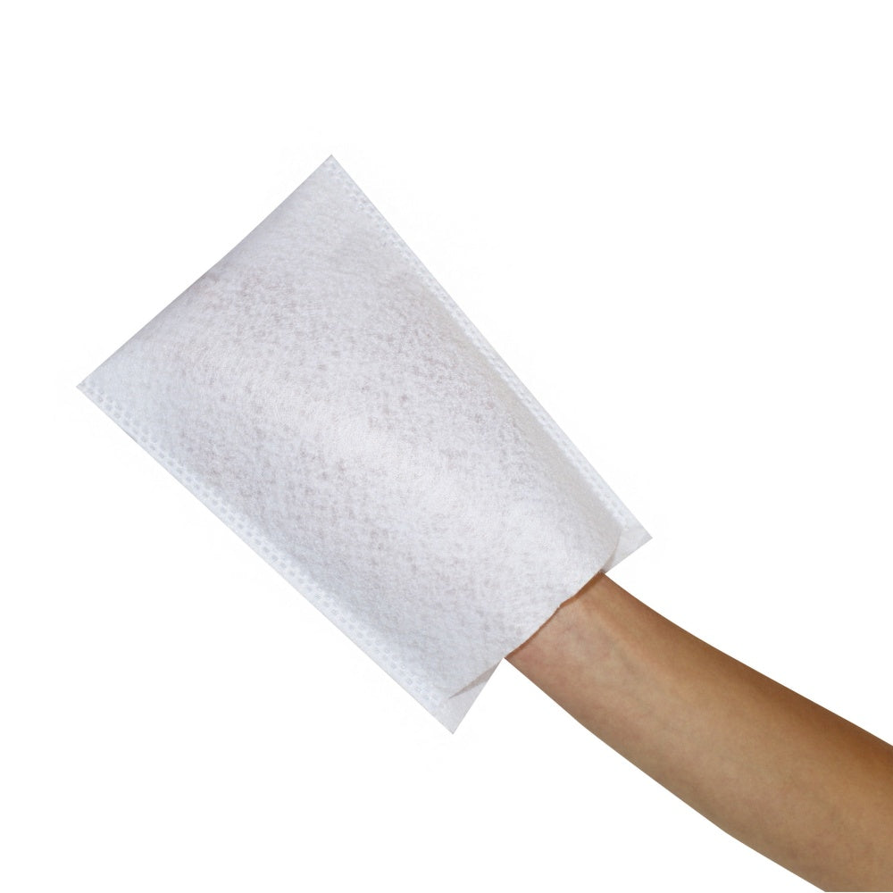 Ein Pack von 100 Einmal-Waschhandschuhen aus Molton ist auf diesem Produktbild abgebildet. Die Handschuhe sind in einem Kunststoffbeutel verpackt, der oben klar sichtbar ist und die Produktdetails anzeigt. Die Handschuhe sind in einer rechteckigen Form dargestellt, mit einer Größe von 15 x 22 cm. Die Oberfläche der Handschuhe wirkt weich und saugfähig, ideal für hygienische Anwendungen. Der Hintergrund ist neutral gehalten, um den Fokus auf das Produkt zu lenken.