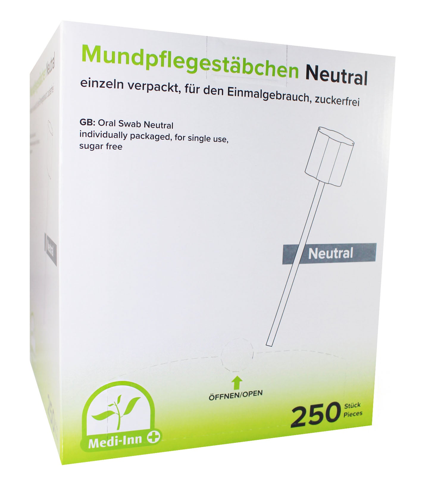 Mundpflegestäbchen von Medi-Inn, zuckerfrei, auf einem weißen Hintergrund präsentiert. Die Verpackung ist elegant gestaltet, zeigt das Produkt deutlich in einer transparenten Hülle mit einem grün-weißen Etikett, auf dem die Marke und der Verwendungszweck hervorgehoben sind. Die Stäbchen sind in einer leicht gebogenen Form zu sehen und scheinen glänzend sowie sauber. Die Verpackung beinhaltet mehrere Stäbchen, die speziell für die Mundpflege konzipiert sind.