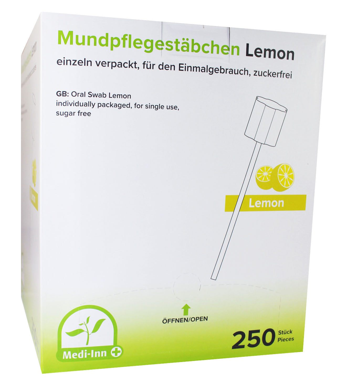 Zwei transparente Verpackungen mit Müntpflegestäbchen sind im Vordergrund zu sehen, beide beschriftet mit "Medi Inn". Die Stäbchen sind in einem frischen Gelbton und präsentieren sich in der Geschmacksrichtung Lemon. Im Hintergrund ist eine sanfte, helle Farbfläche zu erkennen, die das Produkt ansprechend in den Mittelpunkt rückt. Die Verpackung zeigt zusätzlich die Information, dass die Stäbchen zuckerfrei sind. Diese Abbildung vermittelt einen Eindruck von Frische und Gesundheit für die Mundpflege.