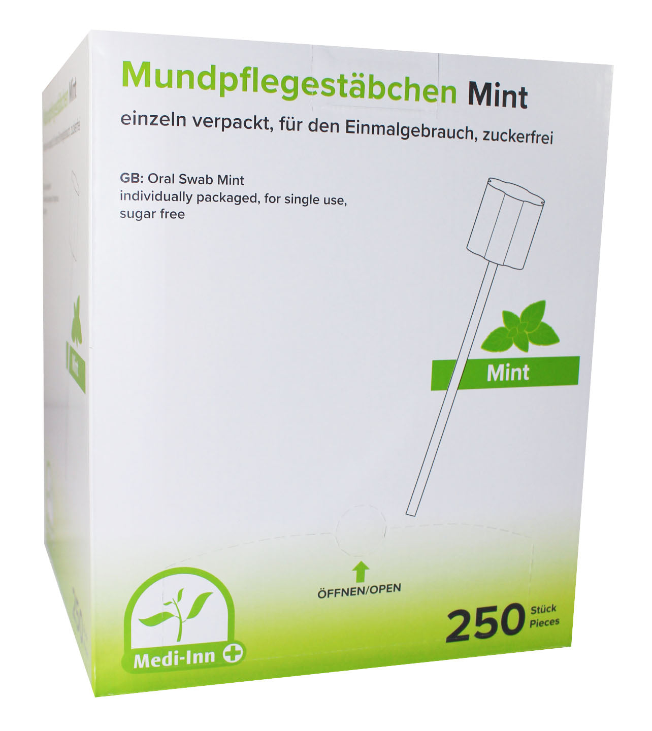 Bild eines Mundpflegestäbchens von Medi Inn, das in einer transparenten Verpackung präsentiert wird. Das Stäbchen ist knusprig und leicht gebogen, mit einer mintgrünen Farbe, die auf die Geschmacksrichtung Mint hinweist. Im Hintergrund sind unscharfe, helle Farbtöne zu erkennen, die eine frische und saubere Atmosphäre vermitteln. Auf der Verpackung sind die Wörter "zuckerfrei" und "zur Mundpflege" gut lesbar. Die Gesamtansicht vermittelt den Eindruck eines modernen, gesunden Mundpflegeprodukts.