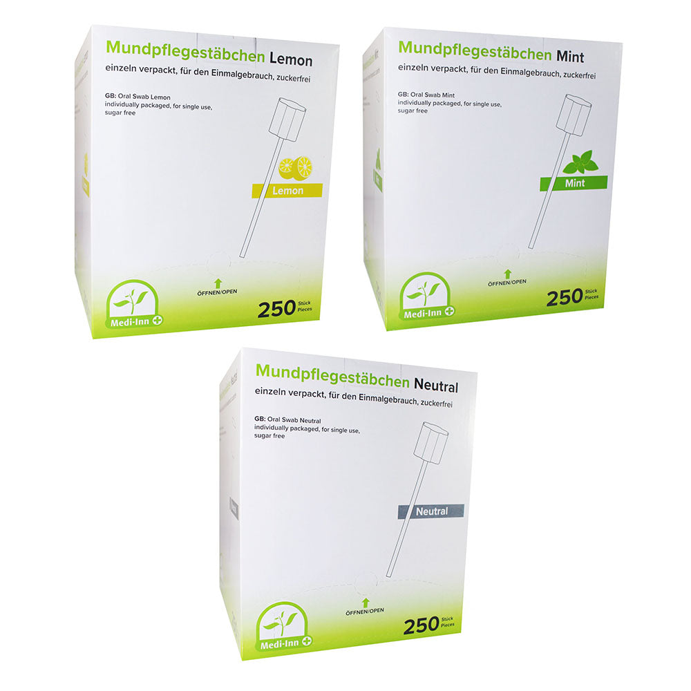 Alt-Text: Produktbild eines Mundpflegestäbchens von Medi Inn. Das Stäbchen ist zuckerfrei und dient der Mundpflege. Es hat eine neutrale Geschmacksrichtung. Im Hintergrund des Bildes ist eine dezente, hellgraue Fläche zu sehen, die das Produkt hervorhebt. Das Stäbchen selbst ist in einer klaren Verpackung dargestellt, die einige Stäbchen zeigt. Die Verpackung trägt eine einfache und klare Beschriftung, auf der die Marke und die Produktbeschreibung zu erkennen sind.