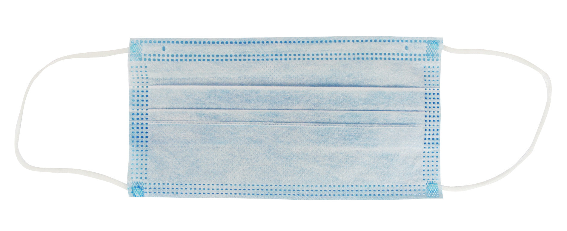 Drei-lagiger blauer Mundschutz mit elastischen Bändern, der auf einem weißen Hintergrund präsentiert wird. Die Maske hat eine anatomische Form und passt sich gut an die Gesichtsstruktur an. Das Material wirkt leicht und atmungsaktiv. Die elastischen Bänder sind an beiden Seiten der Maske befestigt und sorgen für einen sicheren Halt hinter den Ohren.