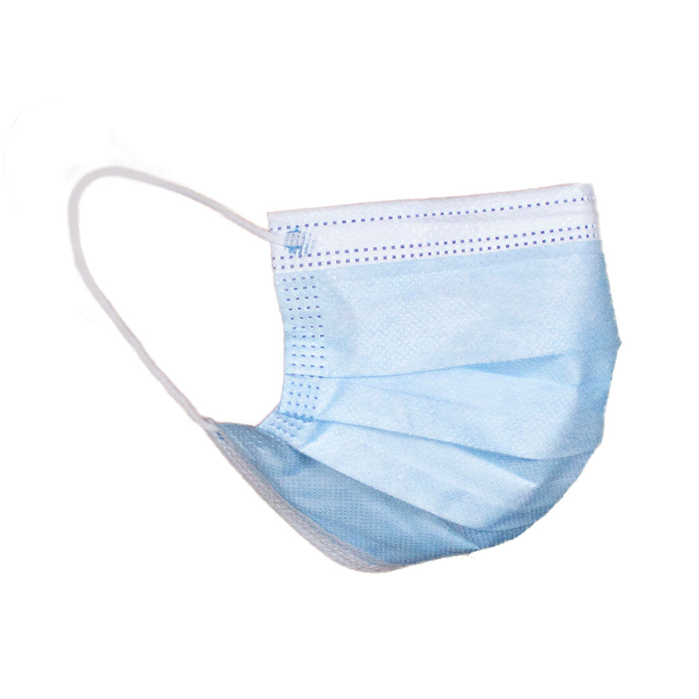 Ein medizinischer Mundschutz in der Farbe Blau, der aus drei Lagen besteht. Der Mundschutz hat elastische Bänder an den Seiten, die eine bequeme Anpassung hinter den Ohren ermöglichen. Die oberste Lage ist glatt und matt, während die Innenseite weich und hautfreundlich aussieht. Der Schutz ist so gestaltet, dass er eine gute Abdeckung für Mund und Nase bietet und dabei eine sorgfältige Verarbeitung zeigt. Ideal für den Alltagsgebrauch, schützt er effektiv vor Staub und Tröpfchen.