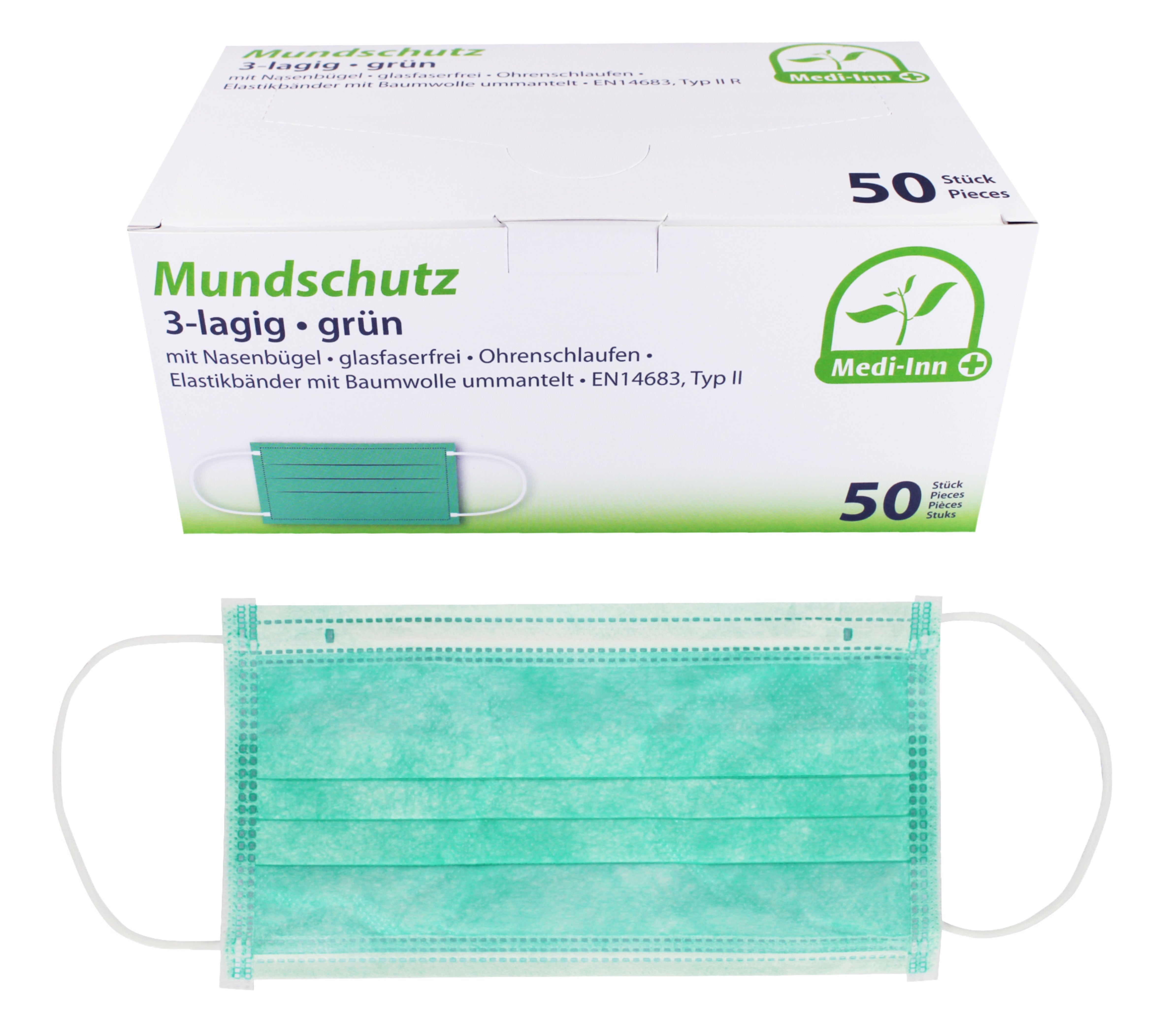 Ein grüner Mundschutz mit dreilagiger Struktur, der typ II entspricht. Der Mundschutz ist gefaltet und zeigt elastische Bänder an den Seiten, die eine einfache Anpassung und sicheren Halt ermöglichen. Die Oberfläche ist glatt und gleichmäßig gefärbt, ohne auffällige Muster oder Verzierungen. Der Hintergrund des Bildes ist neutral, was den Fokus auf den Mundschutz legt. Der Artikel ist für den medizinischen Einsatz konzipiert und bietet Schutz im Alltag sowie in professionellen Umgebungen.