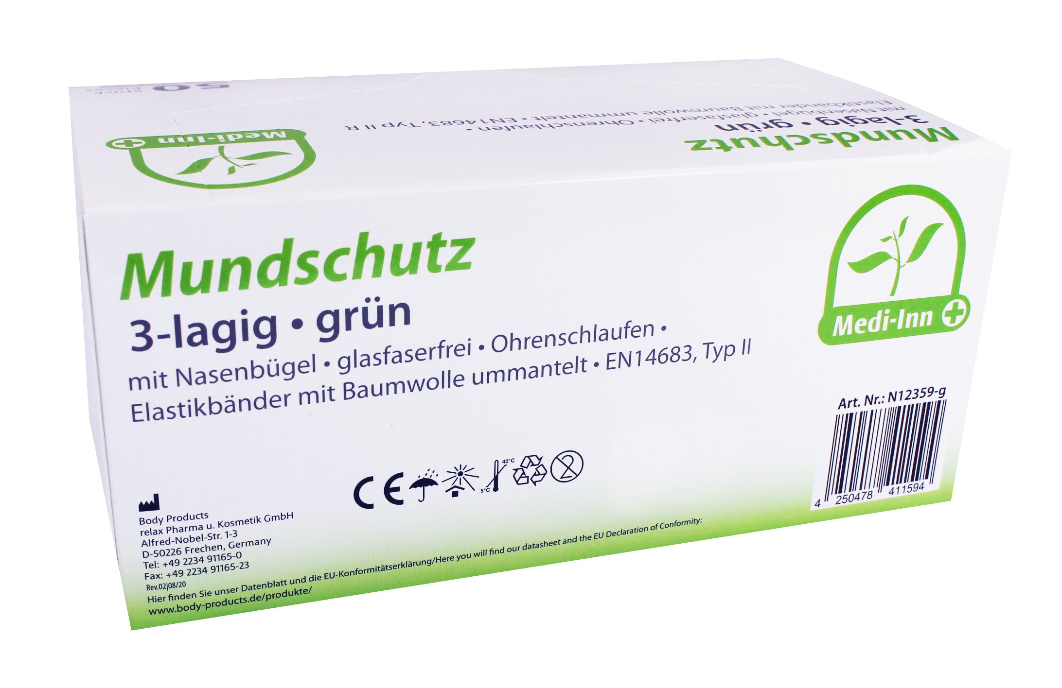 Mundschutzmasken in sanftem Grün, vom Typ II, sind dreilagig und bieten hohen Atemschutz. Sie sind mit elastischen Bändern ausgestattet, die um die Ohren gelegt werden, um einen sicheren Sitz zu gewährleisten. Die Masken sind faltbar und passen sich gut an die Gesichtsform an, was zusätzlichen Komfort bietet. Im Vordergrund sind zwei Masken sichtbar, die sauber und hygienisch verpackt sind. Der Hintergrund ist neutral und sorgt dafür, dass die Masken im Mittelpunkt der Darstellung stehen.