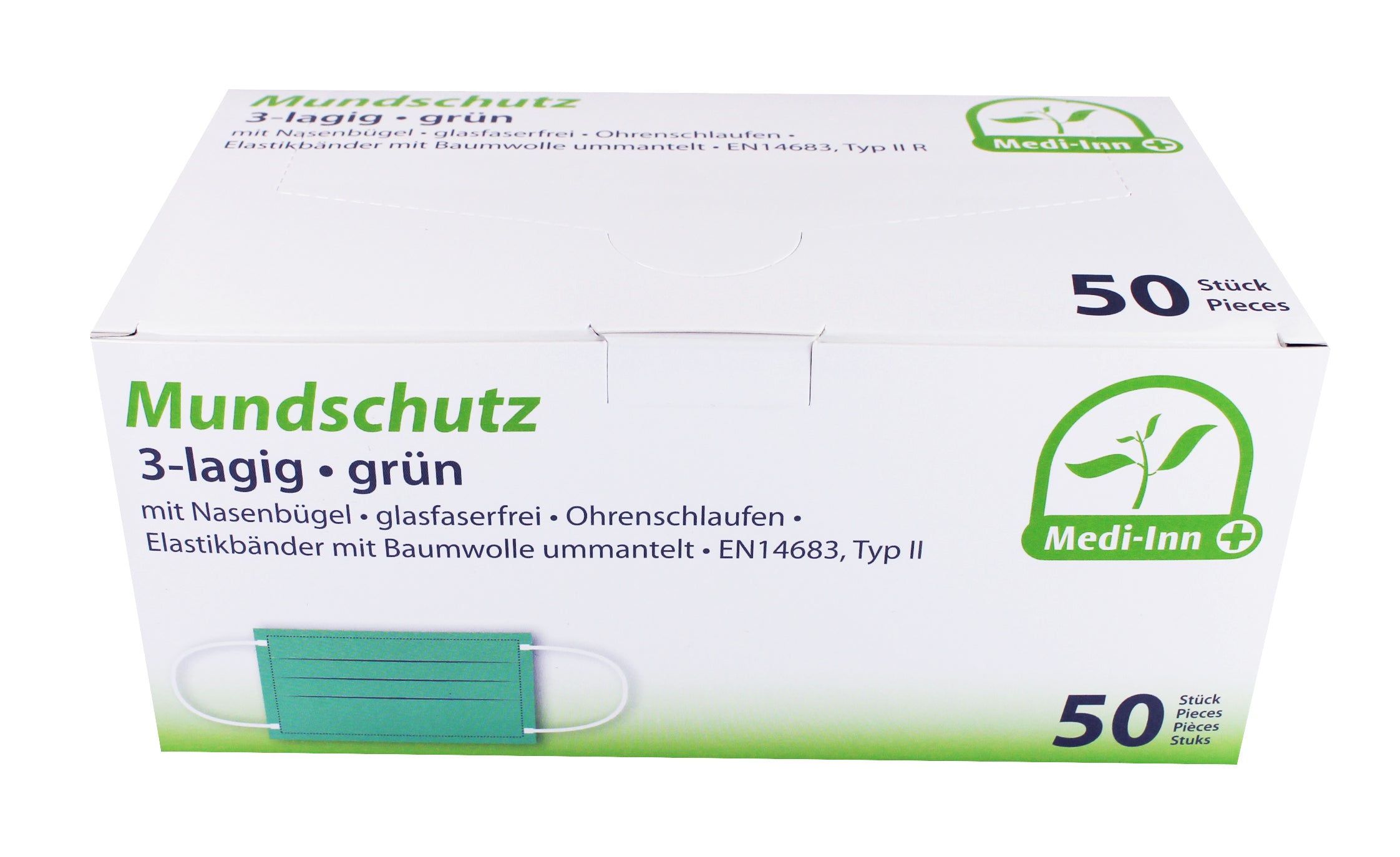 Eine Packung medizinischer Mundschutzmasken in grüner Farbe ist abgebildet. Die Masken sind dreilagig und bieten einen hohen Schutzstandard (Typ II). Sie sind mit elastischen Bändern ausgestattet, die ein einfaches Tragen ermöglichen und sich sanft an das Gesicht anschmiegen. Die Verpackung zeigt eine klare Beschriftung mit Produktdetails und Anwendungshinweisen. Im Hintergrund ist ein unscharfer, neutraler Farbton zu sehen, der die Masken hervorhebt.